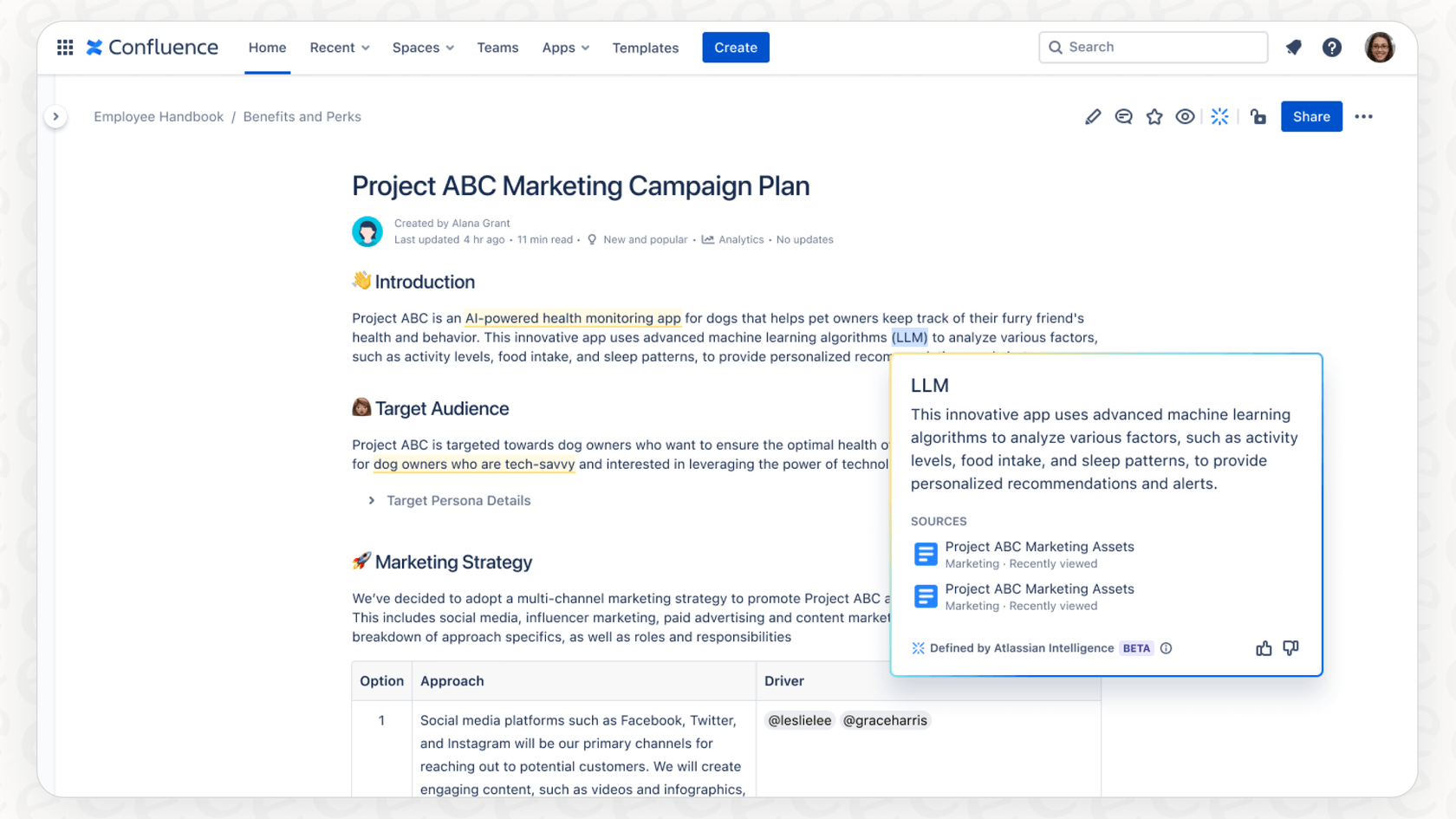 Screenshot of Defined by Atlassian Intelligence in a Confluence page.
