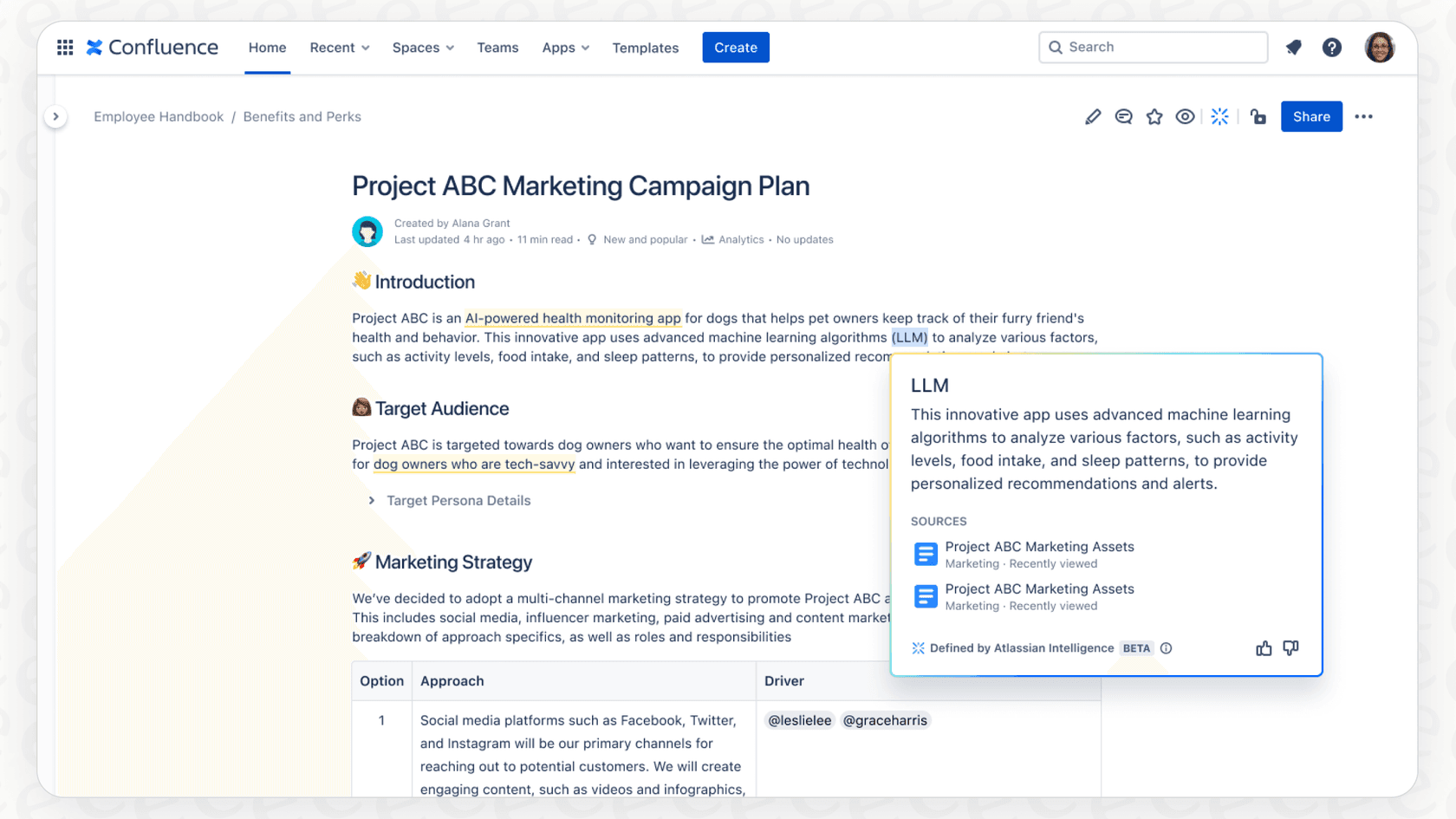 Captura de pantalla de 'Definido por Atlassian Intelligence' en una página de Confluence.