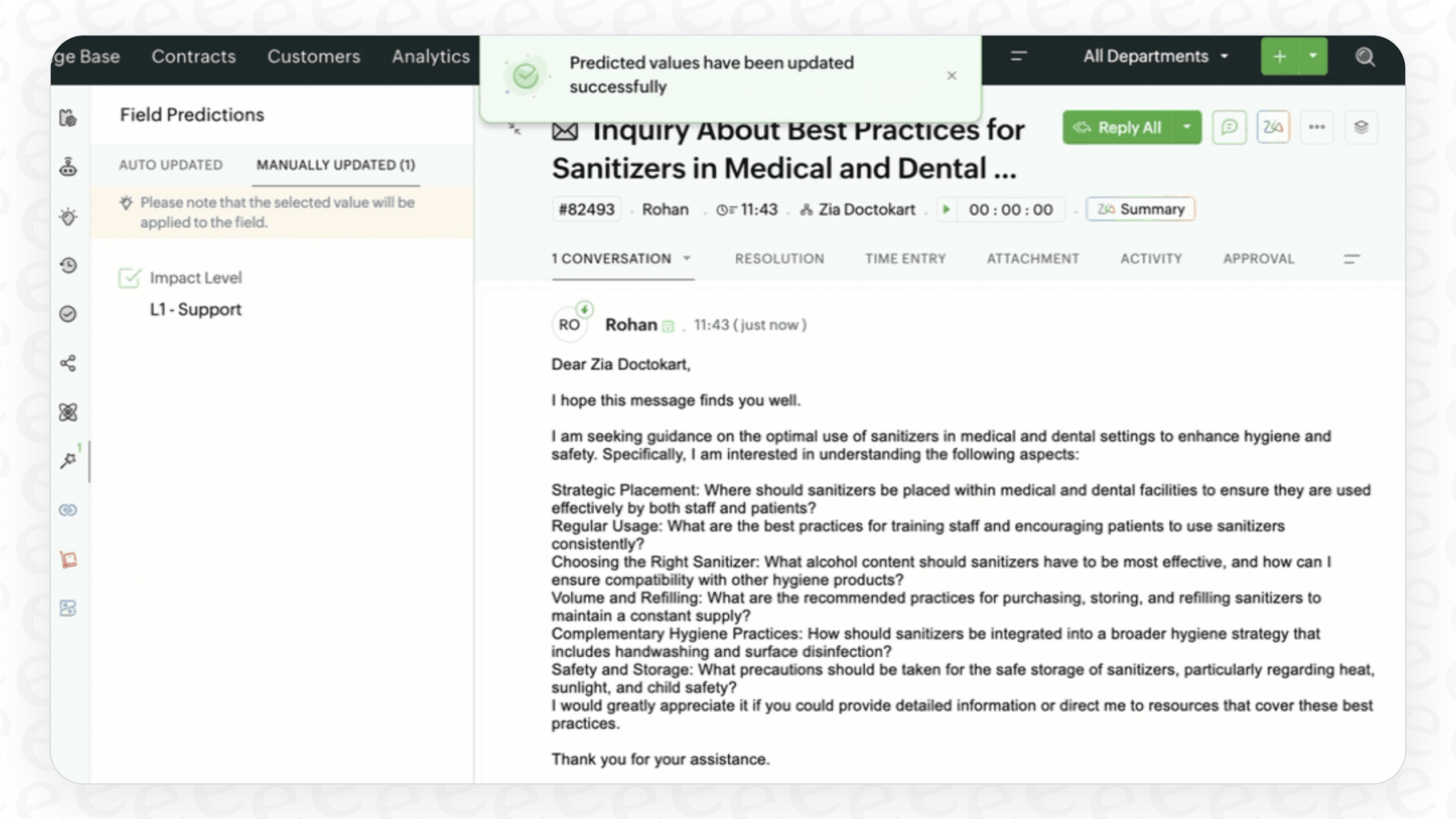 A screenshot demonstrating workflow automation powered by Zoho Desk Zia AI in Tickets, with Zia predicting and filling ticket fields.