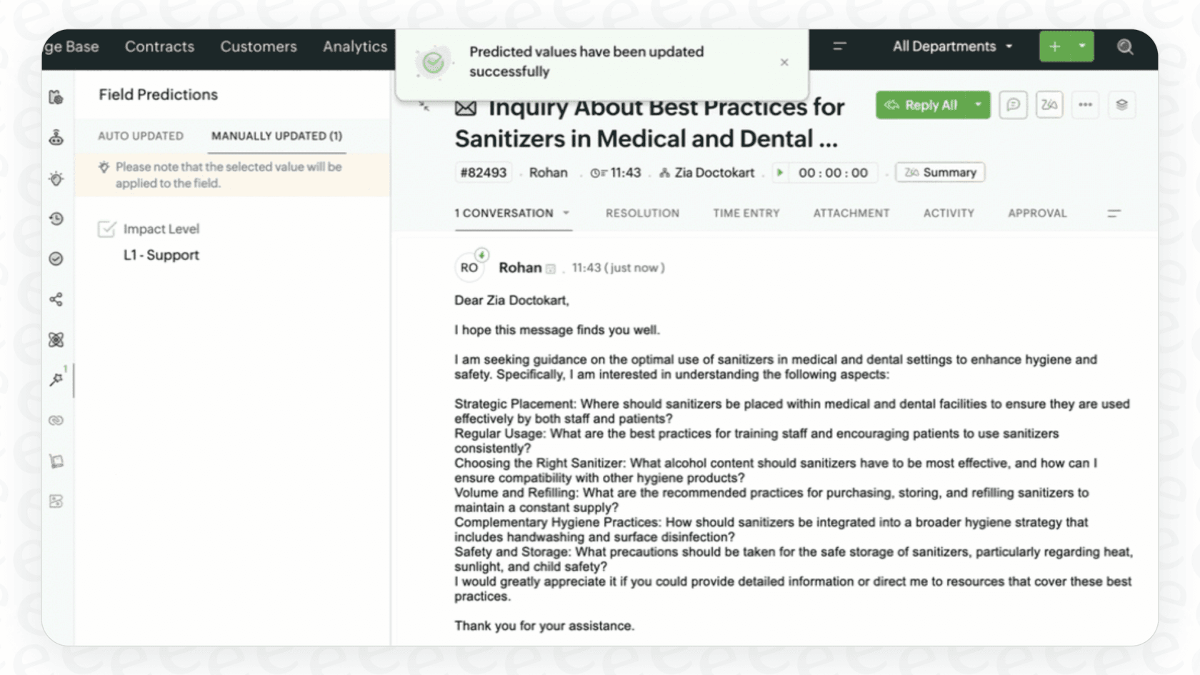 A screenshot demonstrating workflow automation powered by Zoho Desk Zia AI in Tickets, with Zia predicting and filling ticket fields.