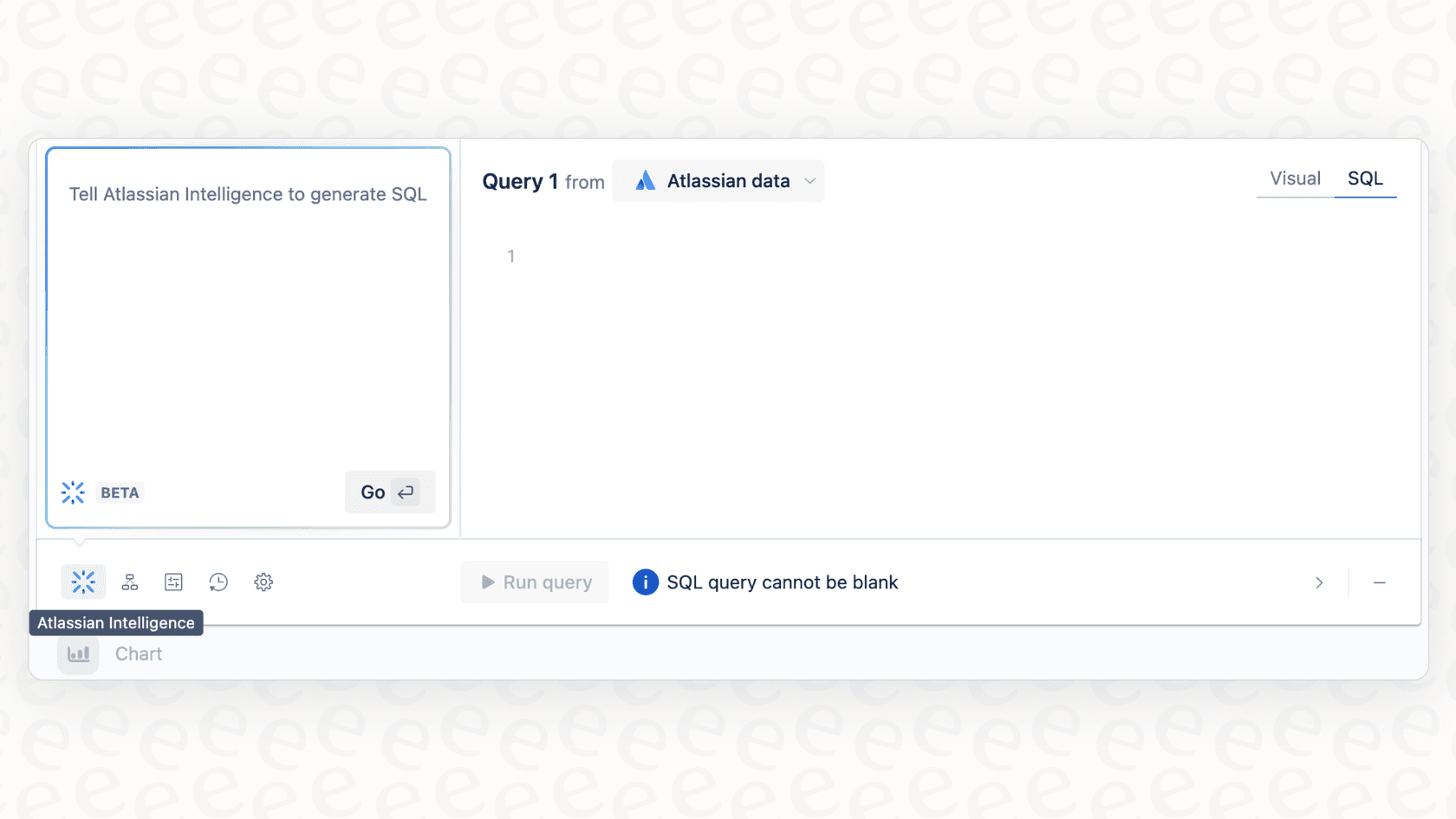 A user interacts with the Atlassian Intelligence SQL Query Generation feature to ask a data-related question in plain English.