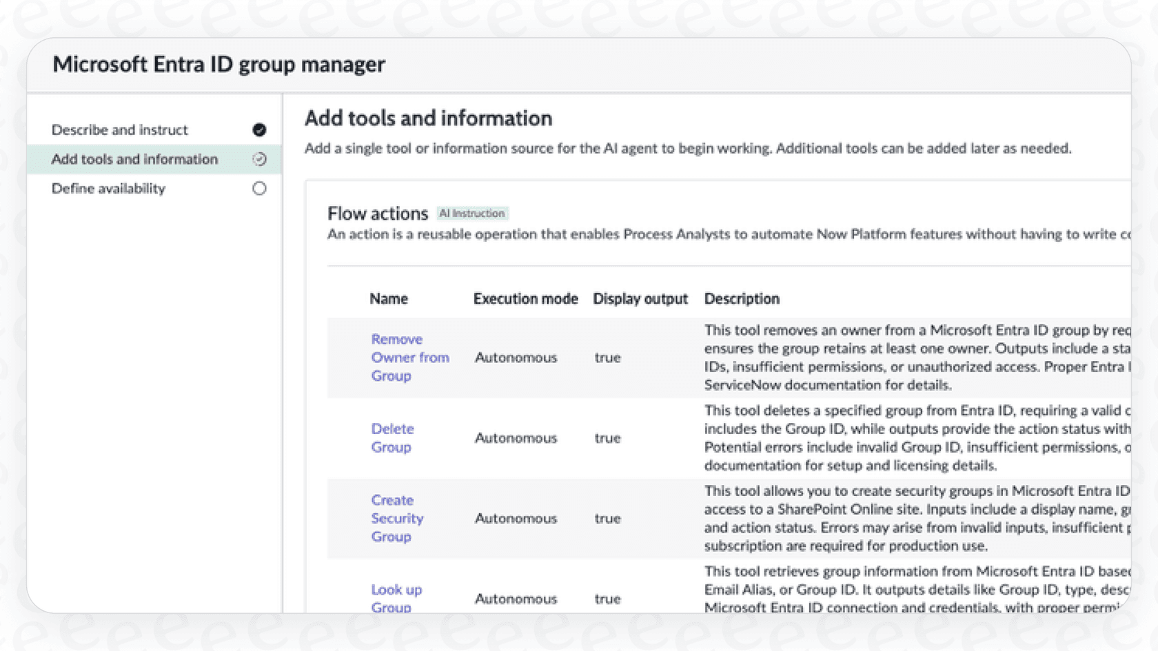 A view of Flow actions as a part of ServiceNow AI Agent Tools