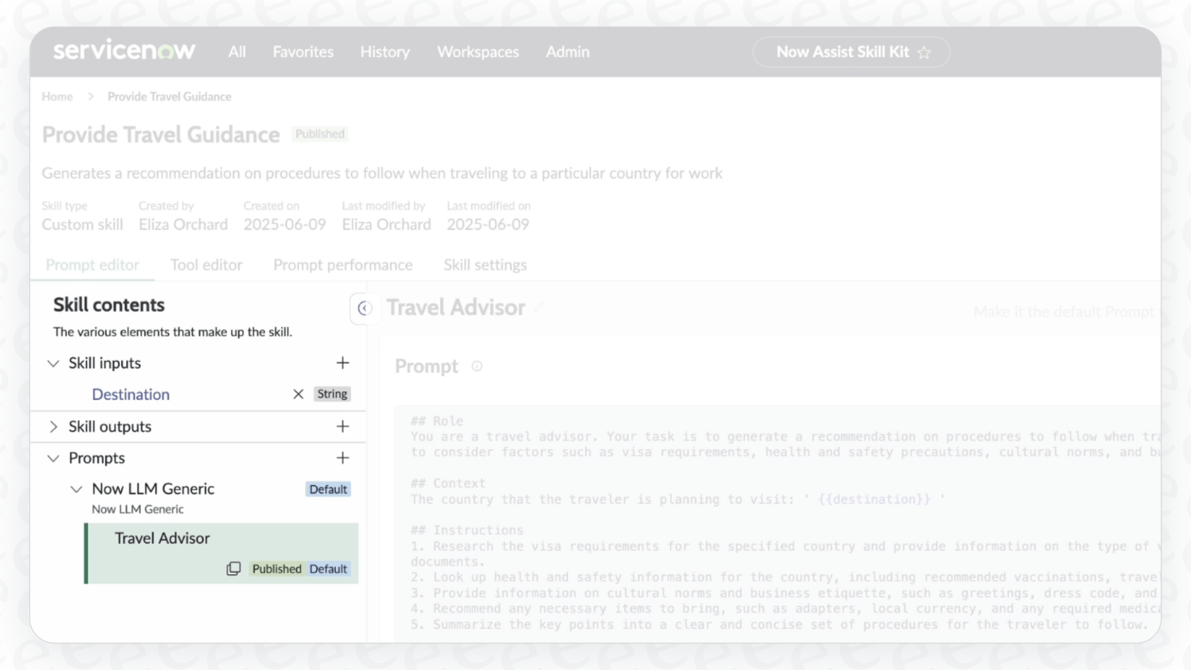 A view of ServiceNow AI Agent Skills contents in the prompt editor