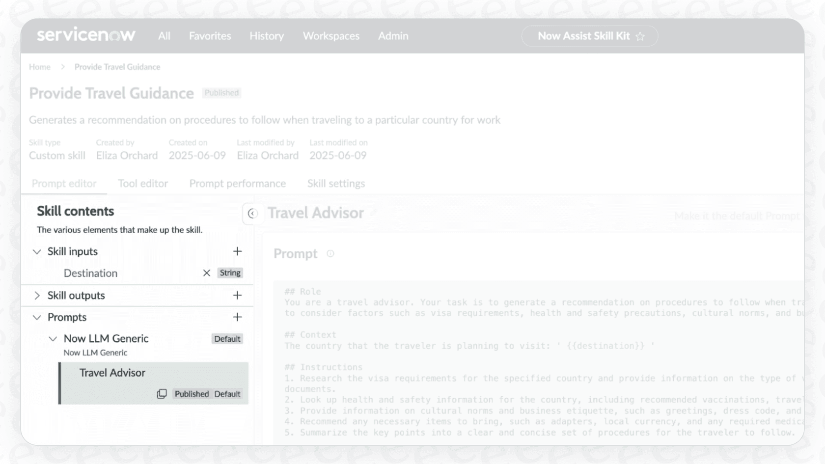 A view of ServiceNow AI Agent Skills contents in the prompt editor