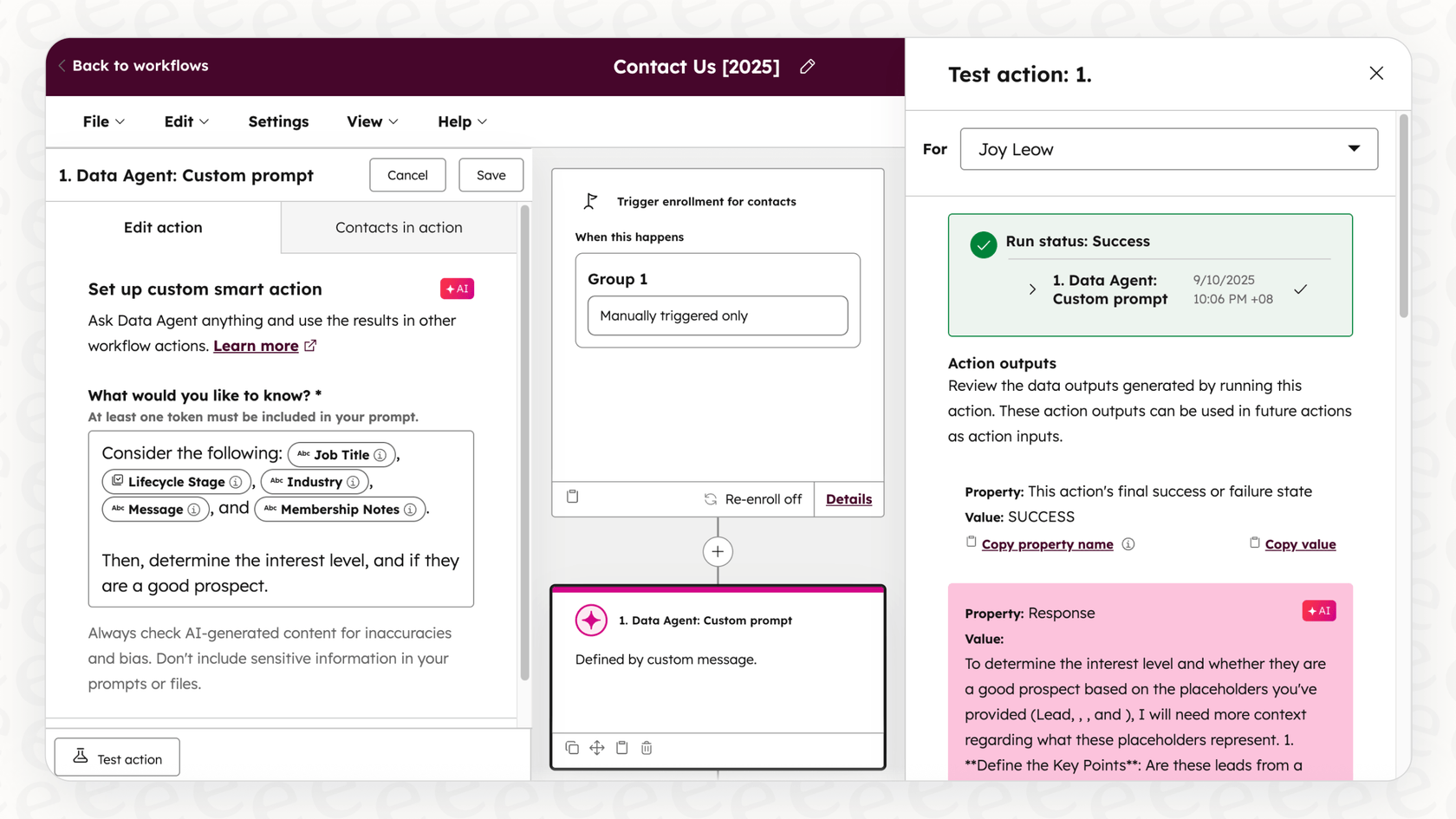 A user providing HubSpot AI Automation Recommendations to the AI assistant to build a marketing workflow.
