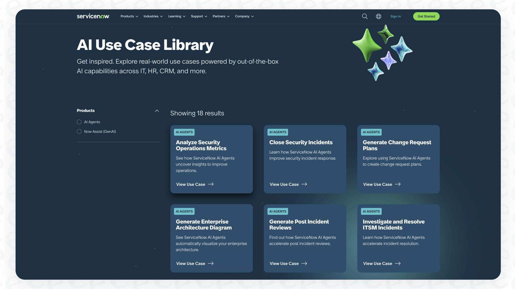 A view of the ServiceNow AI Agent Use Cases in their website