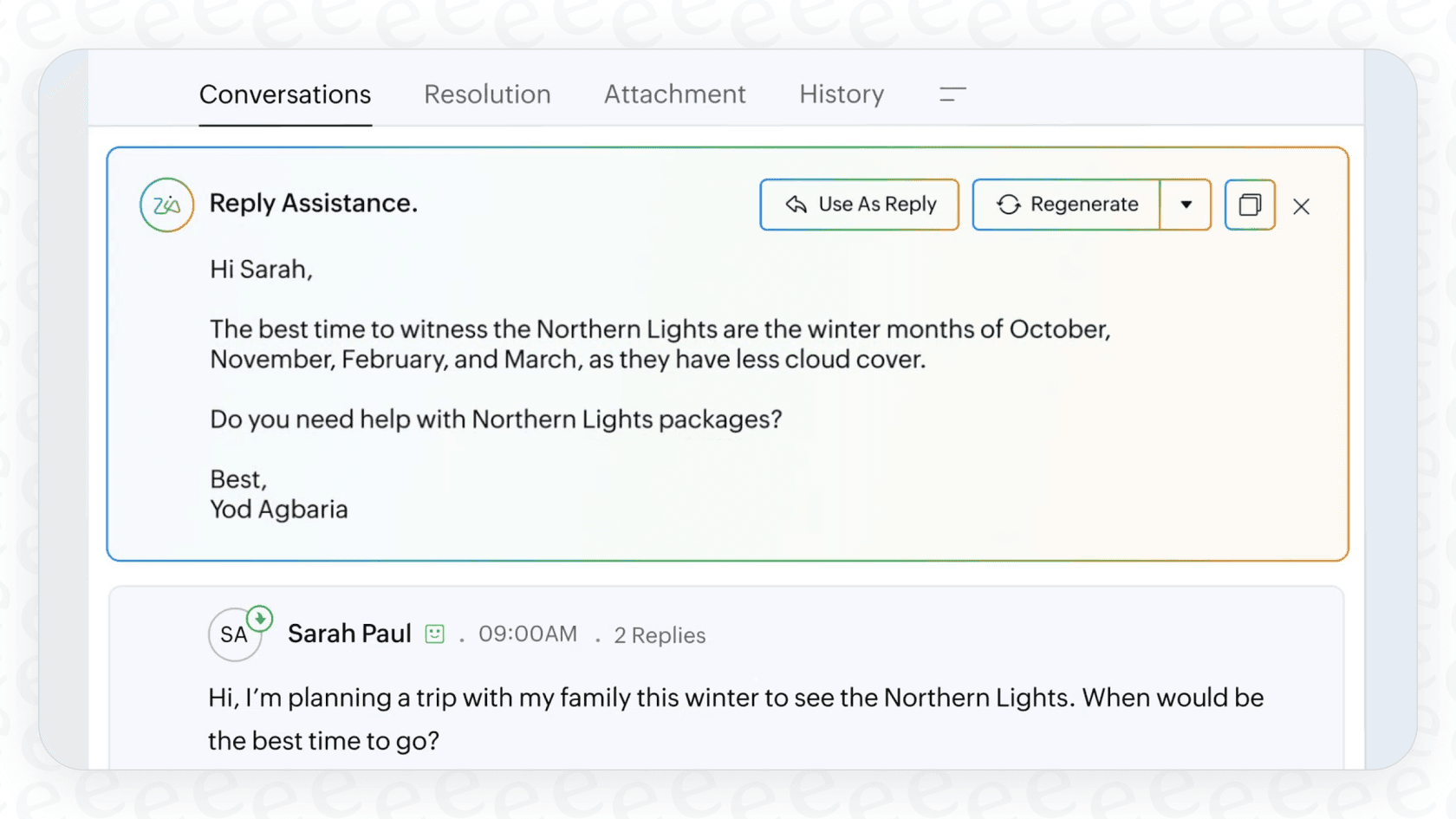 A view of the Zoho Desk ticket interface, where the Zia Answer Bot provides agent assistance.
