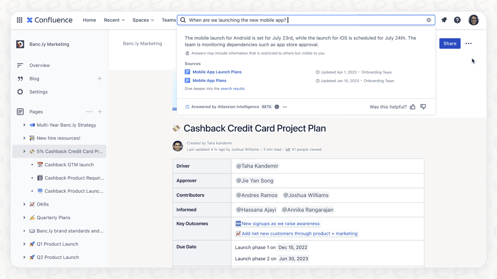 A screenshot demonstrating the natural language capabilities of the Atlassian Intelligence Q&A Search.