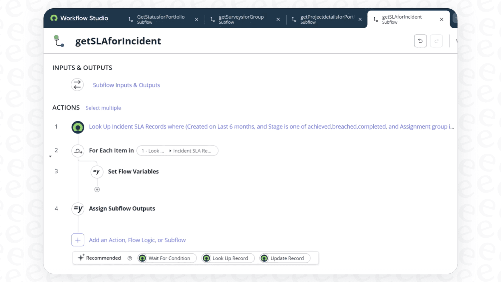 Um usuário criando Subfluxos do ServiceNow AI Agent, configurando as entradas, saídas e ações
