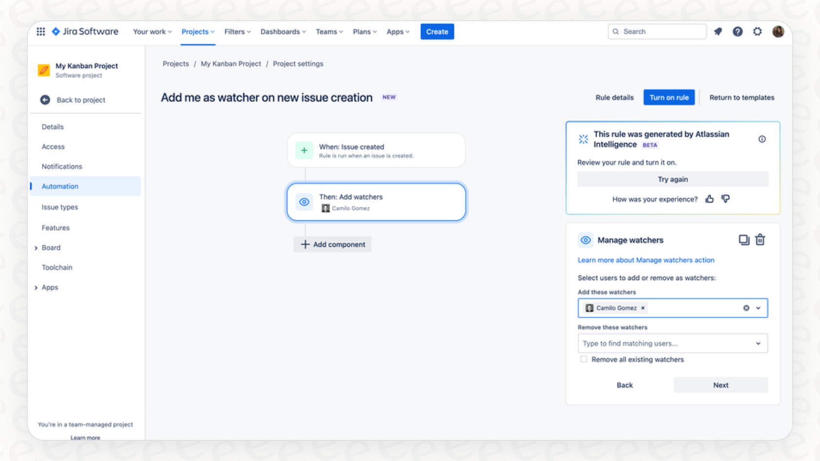 Une interface utilisateur démontrant comment les automatisations d'Atlassian Intelligence via le langage naturel traduisent une invite textuelle en un flux de travail d'automatisation.