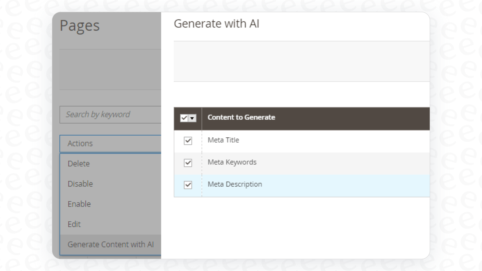 A view of the AI keyword and tag generation in Magento.