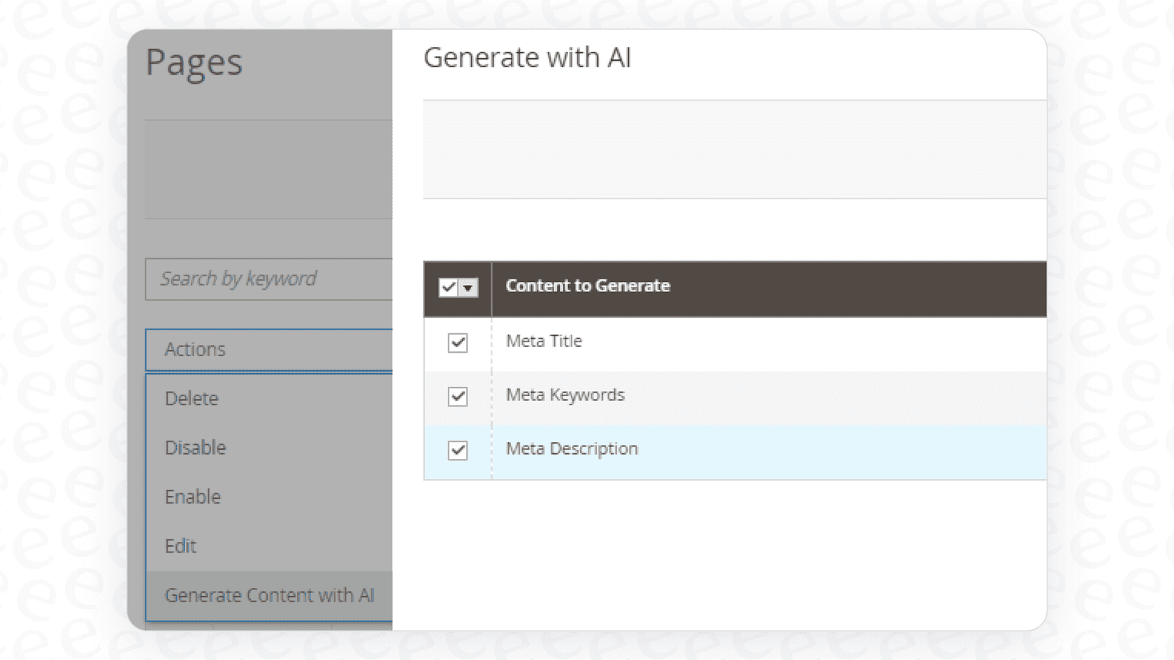 A view of the AI keyword and tag generation in Magento.