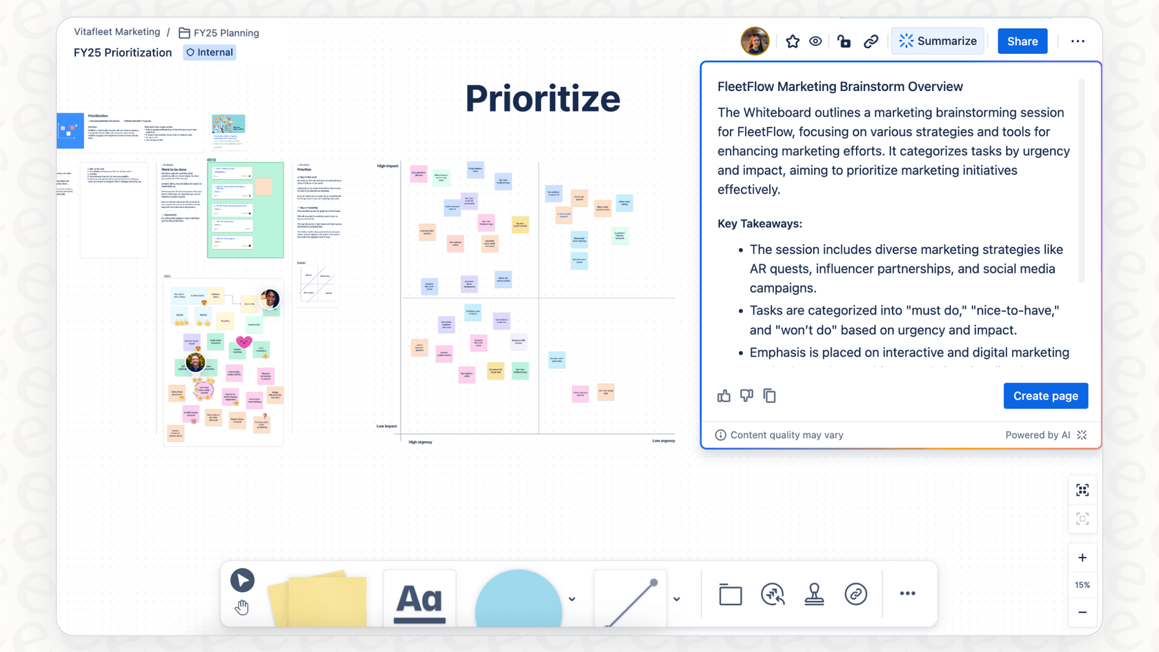 A close-up of the user interface for the Atlassian Intelligence summarize Confluence pages feature.