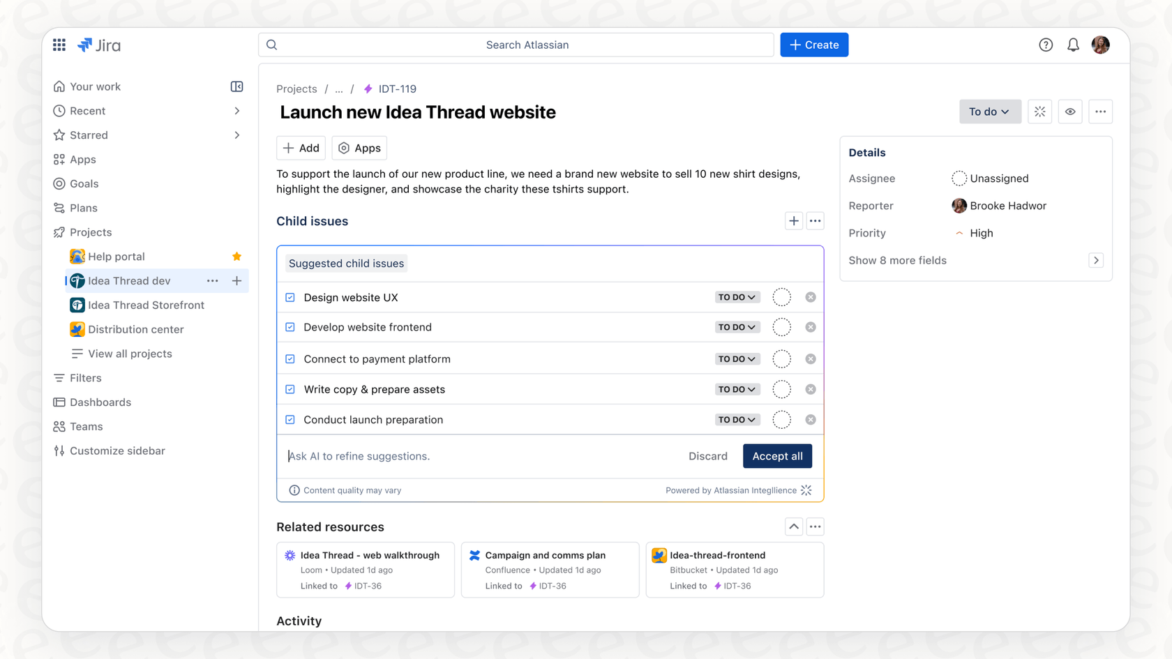 Um usuário fornece instruções adicionais ao recurso de Sugestão de Itens de Trabalho Filhos do Atlassian Intelligence para refinar as tarefas geradas.