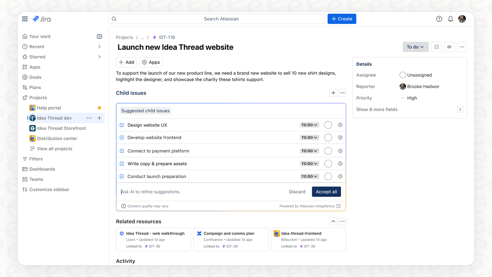 A user provides additional instructions to the Atlassian Intelligence Suggest Child Work Items feature to refine the generated tasks.