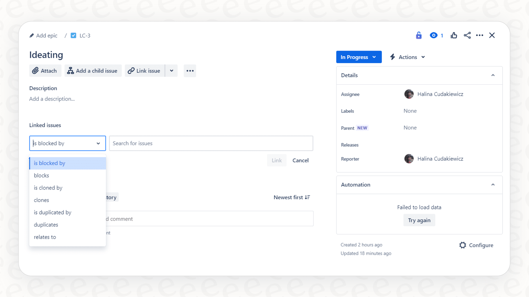 An agent in Jira uses the Atlassian Intelligence link similar work items feature to identify and link five duplicate tickets to a primary master ticket for streamlined communication.