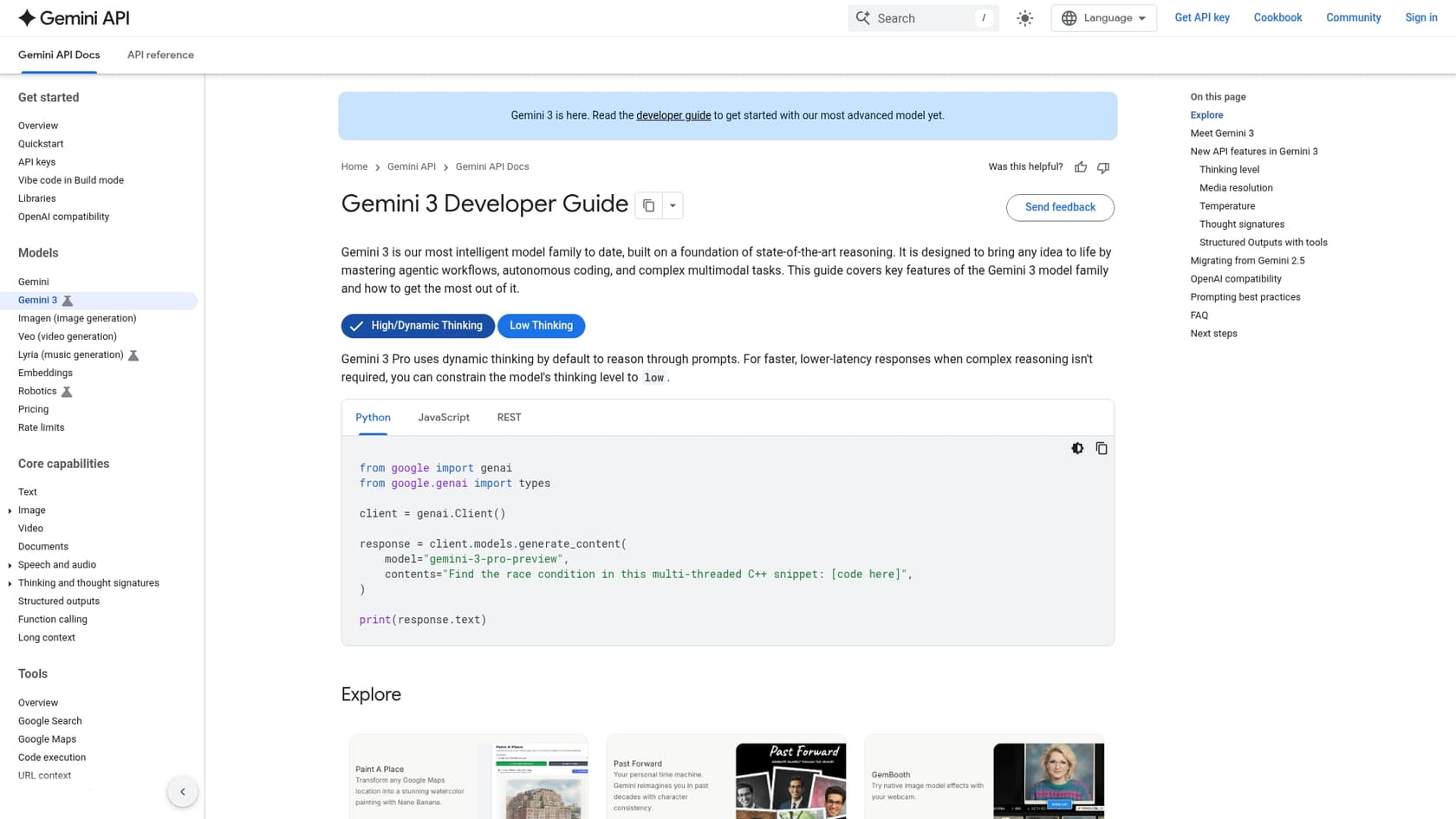 A screenshot of the Gemini API documentation page for developers.