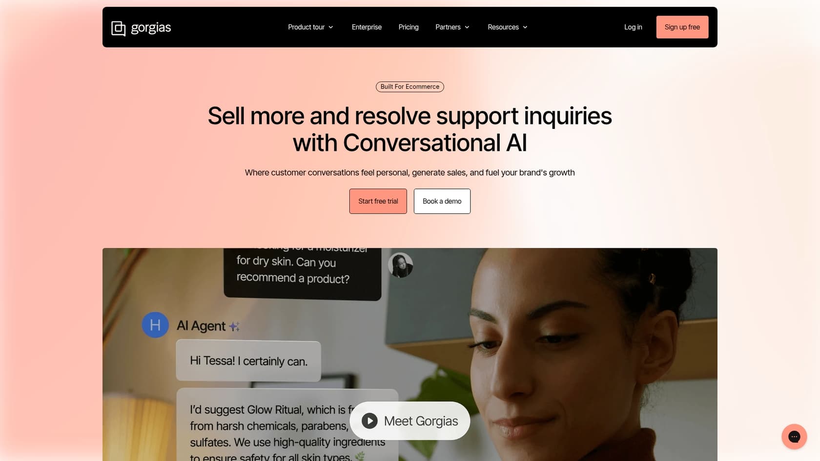 A screenshot of the Gorgias landing page, a helpdesk-focused option for Shopify AI alternatives.::