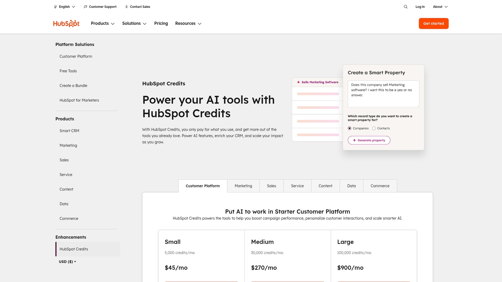 Ein Screenshot der HubSpot Credits Preisseite, eine Schlüsselkomponente des HubSpot AI Preisrechners.