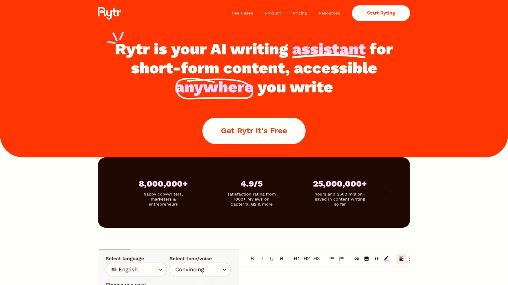 A screenshot of the Rytr landing page, an affordable Writesonic AI alternative for budget-conscious users.
