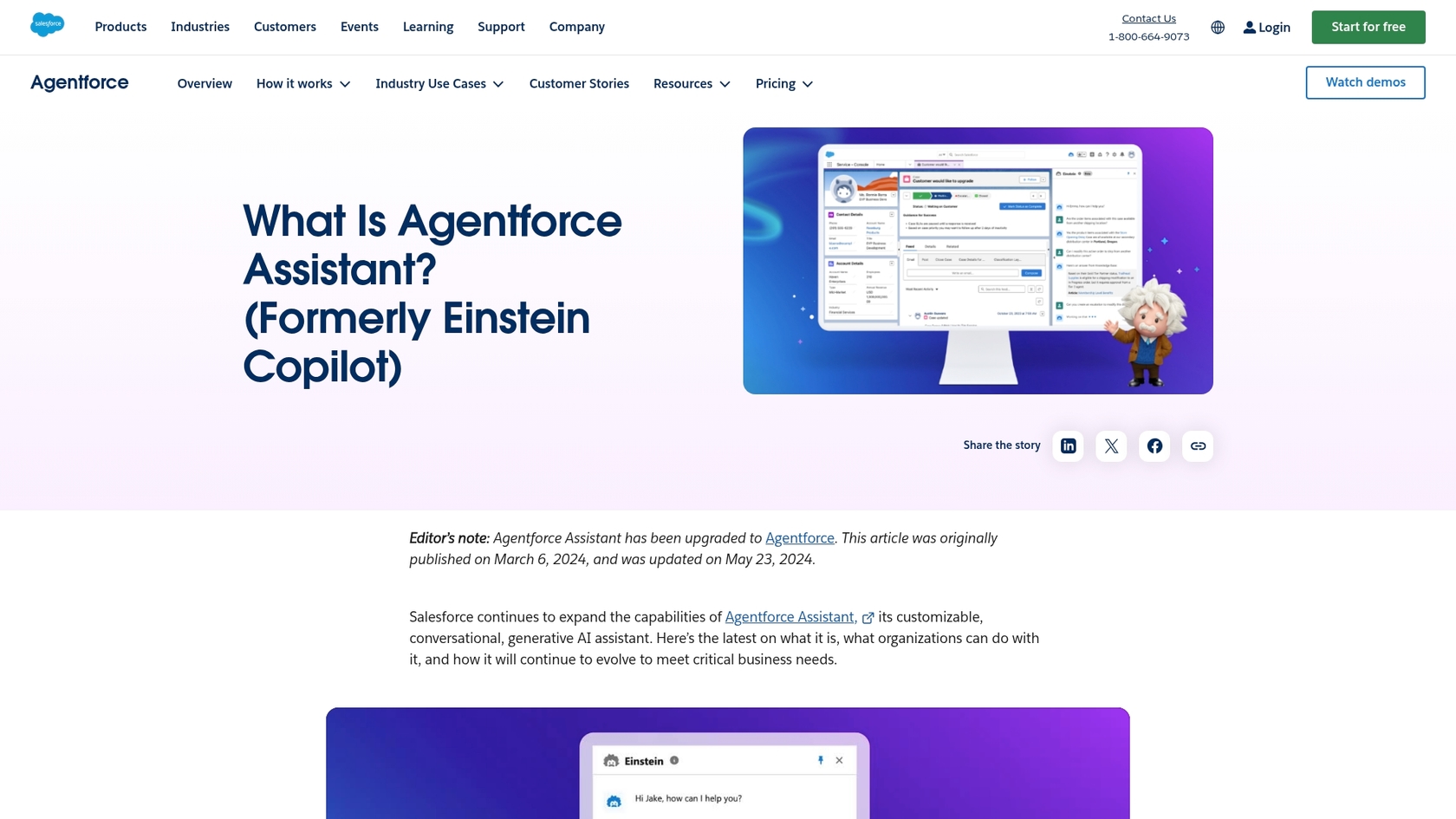 Salesforce Einstein Copilotの公式ランディングページのスクリーンショット。インターフェースと主要機能を紹介しています。
