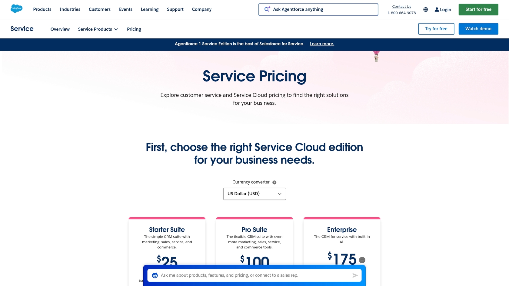 A screenshot of the Salesforce Service Cloud pricing page, which is essential for understanding the cost of Salesforce for customer service.::