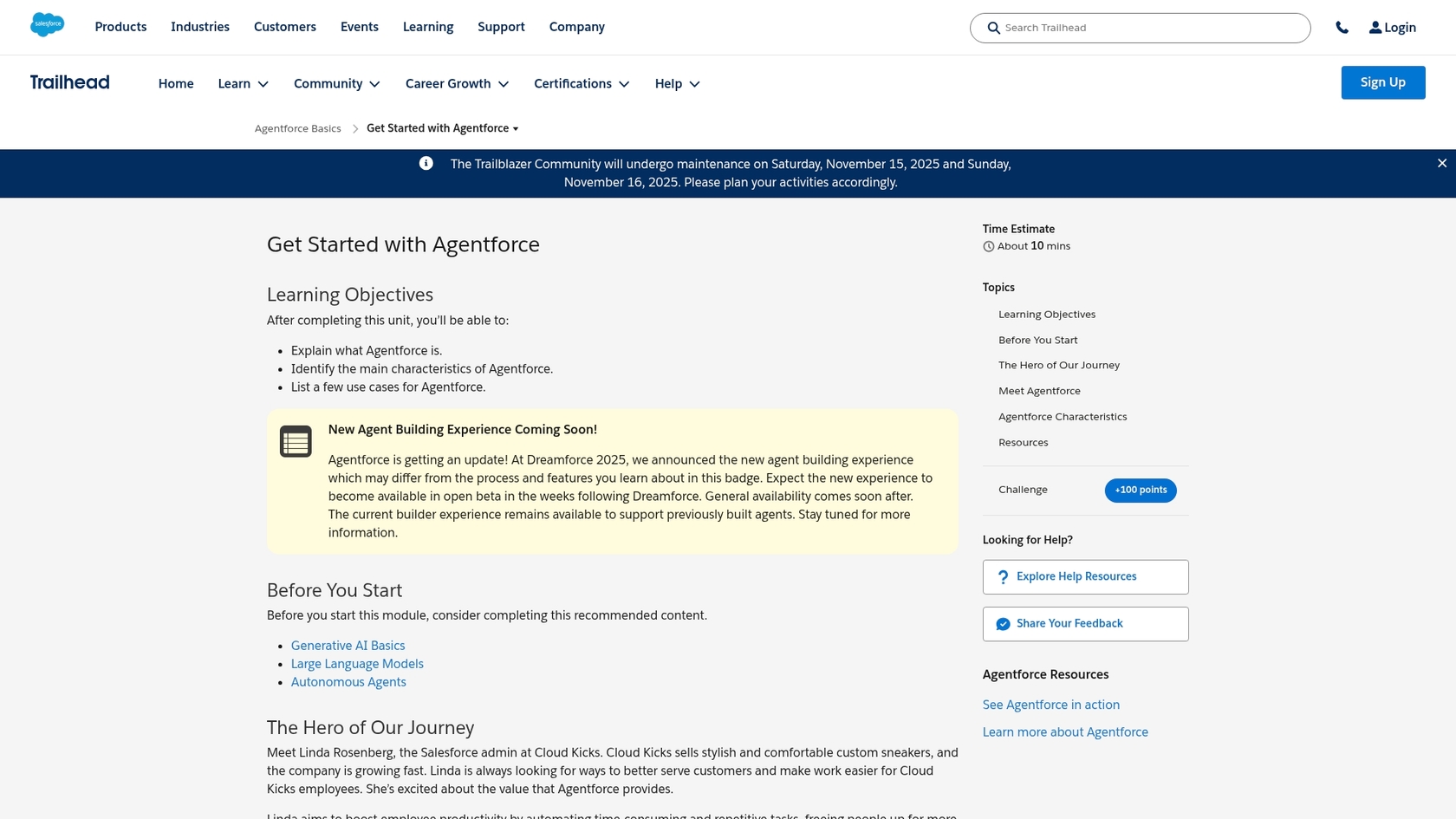 A screenshot of the Salesforce Trailhead landing page which is an Einstein AI exam study tool.