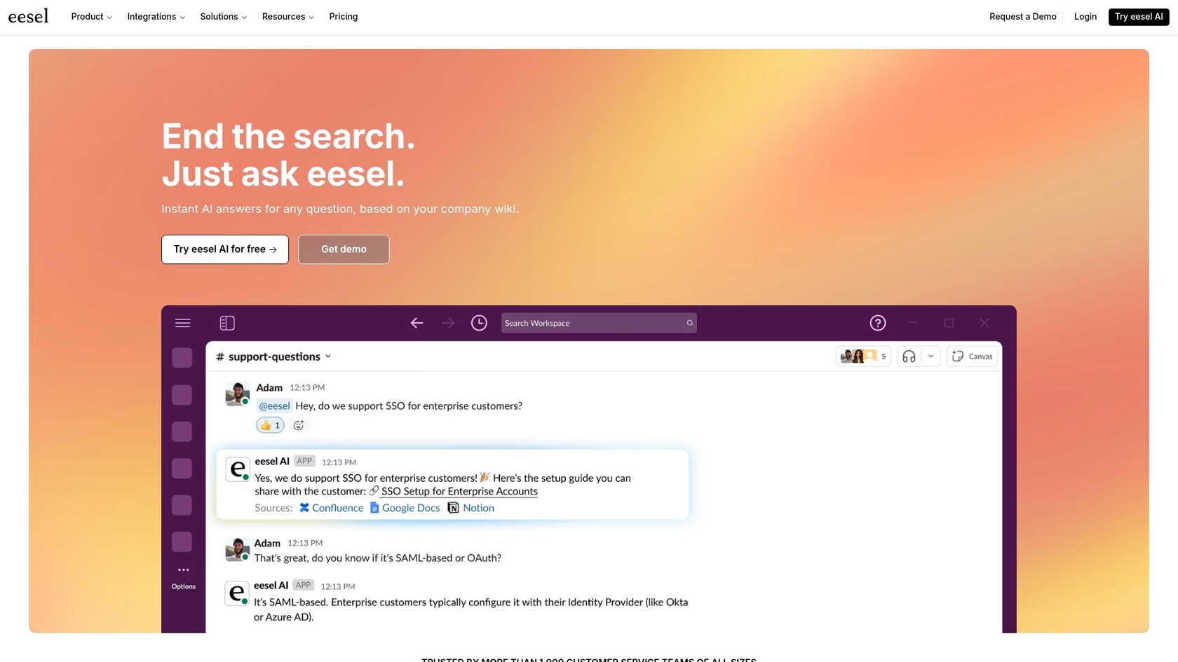 A screenshot of the eesel AI Internal Chat homepage, a key alternative discussed in this ChatGPT group chat review.