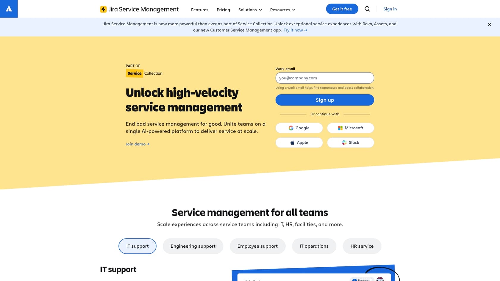 A screenshot of the Jira Service Management homepage, a leading ServiceNow alternative for Atlassian users.::