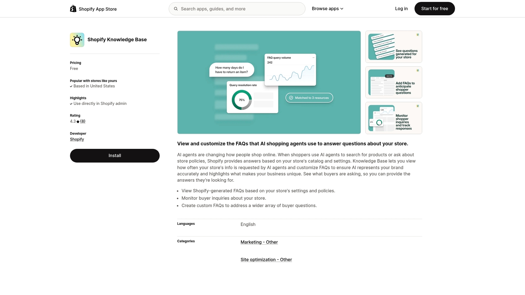 Captura de tela da página do aplicativo Shopify Knowledge Base, a base de referência para alternativas de IA para Shopify.::