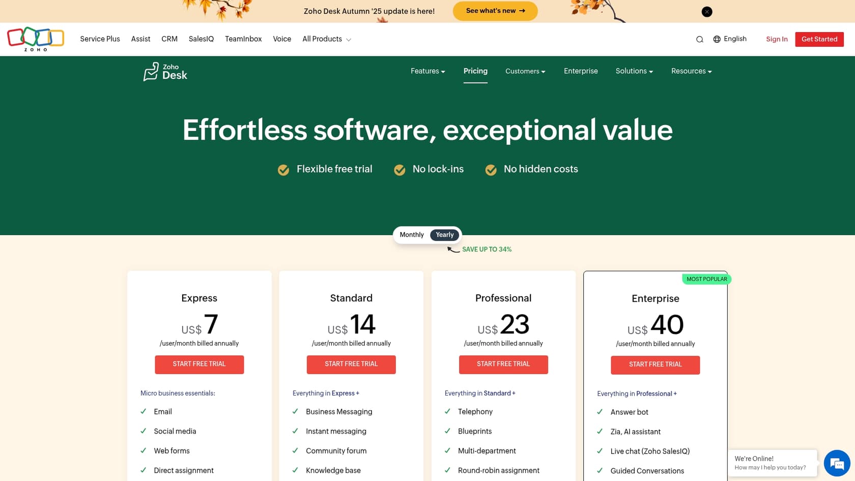 The Zoho Desk pricing page, showing the different subscription tiers and the AI features included in each.