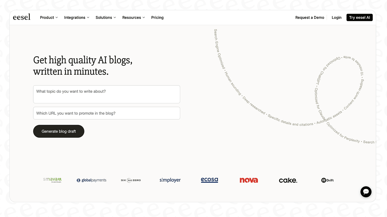 A screenshot of the eesel AI Blog Writer landing page, which is relevant to this Writesonic AI review.