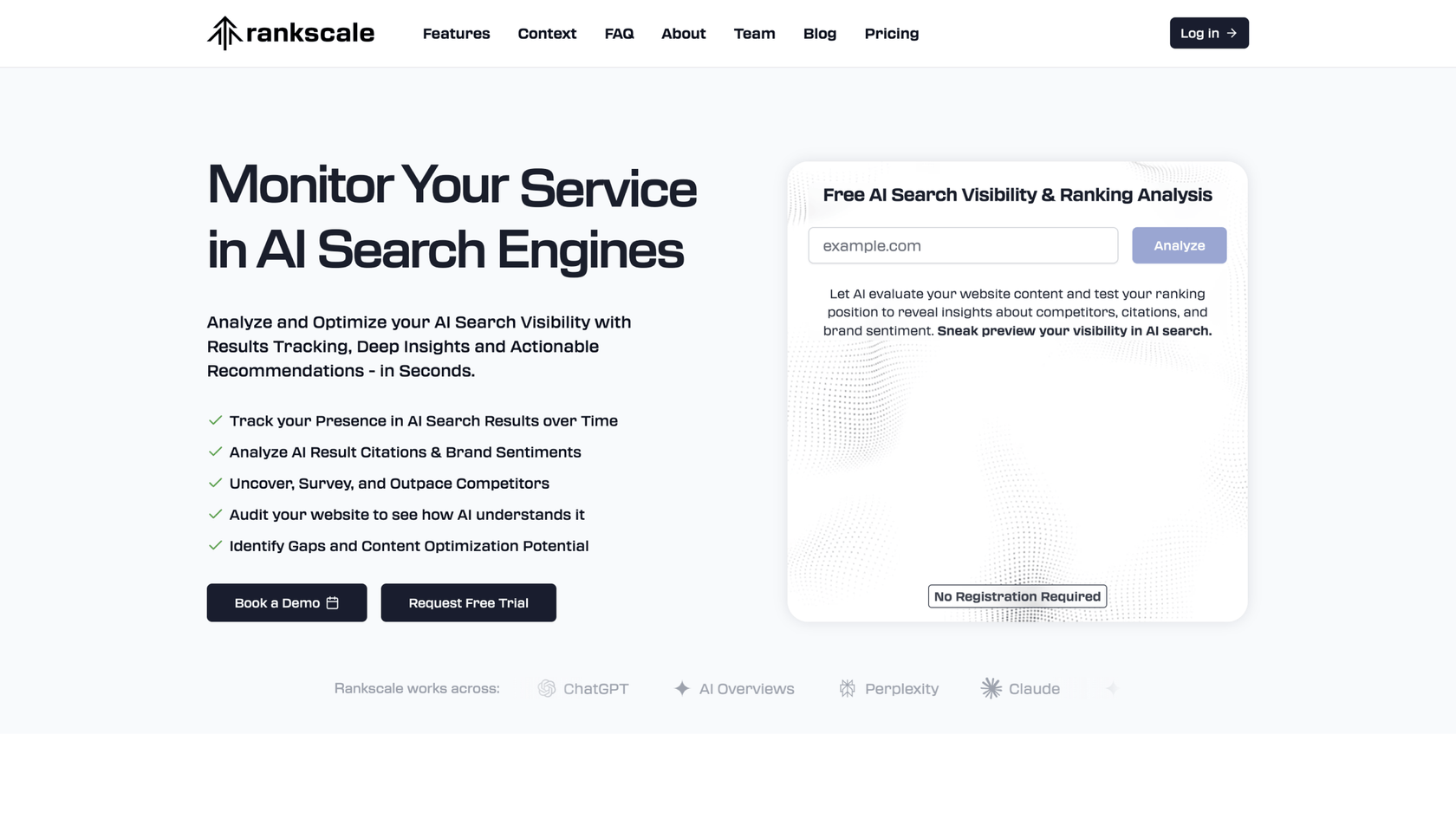Une capture d'écran de la page d'accueil de Rankscale.ai, une plateforme GEO spécialisée et l'un des meilleurs outils SEO basés sur l'IA pour les agences.