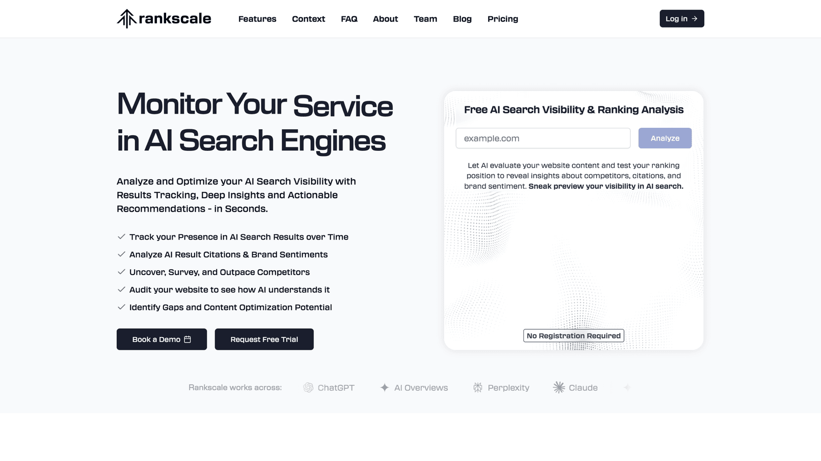 A screenshot of the Rankscale.ai homepage, a specialized GEO platform and one of the best AI-driven SEO tools for agencies.
