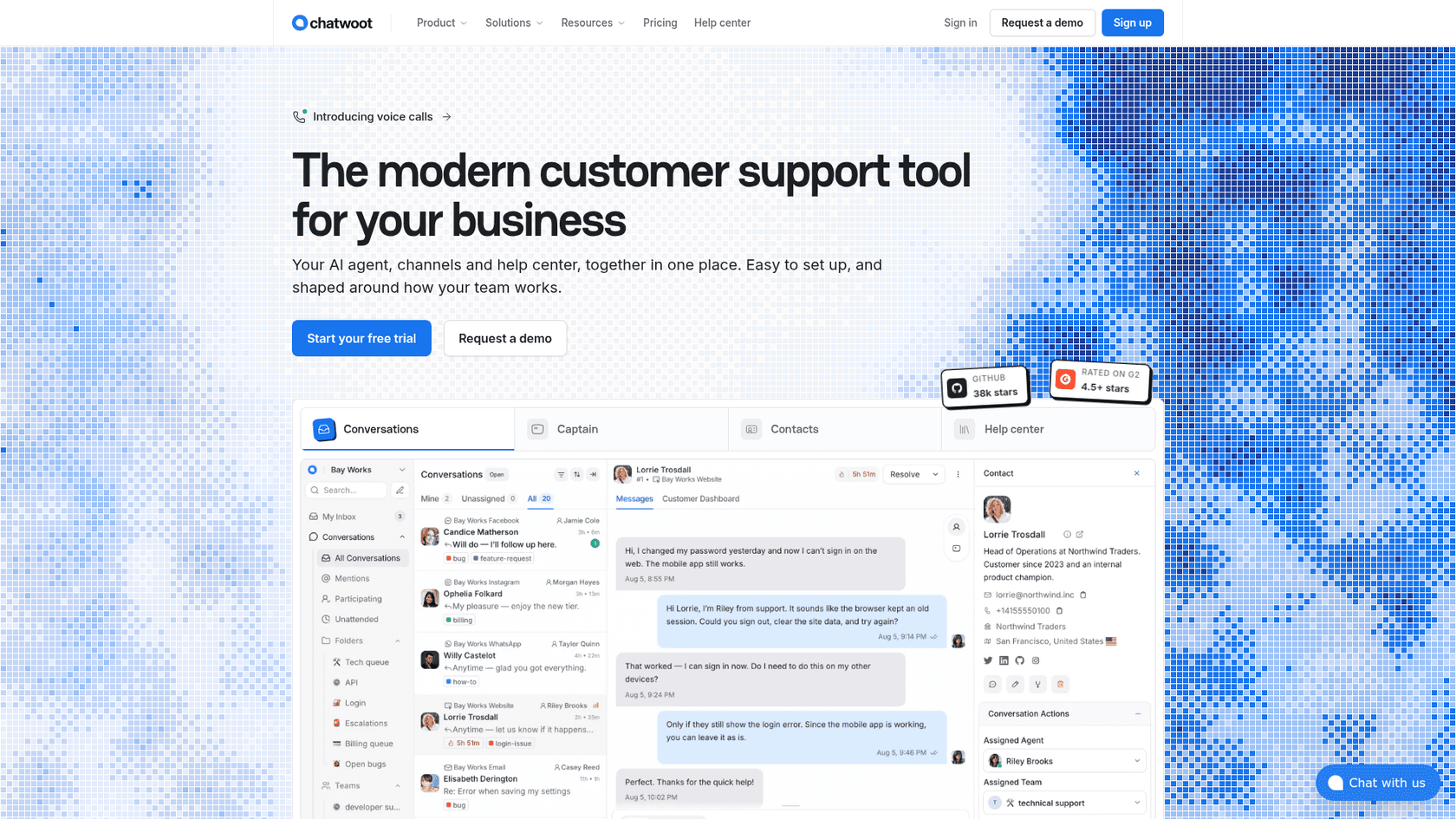 The Chatwoot homepage with the headline The modern customer support tool for your business and a conversations inbox showing chats from website, Facebook, Instagram, WhatsApp and email, as taken from Chatwoot