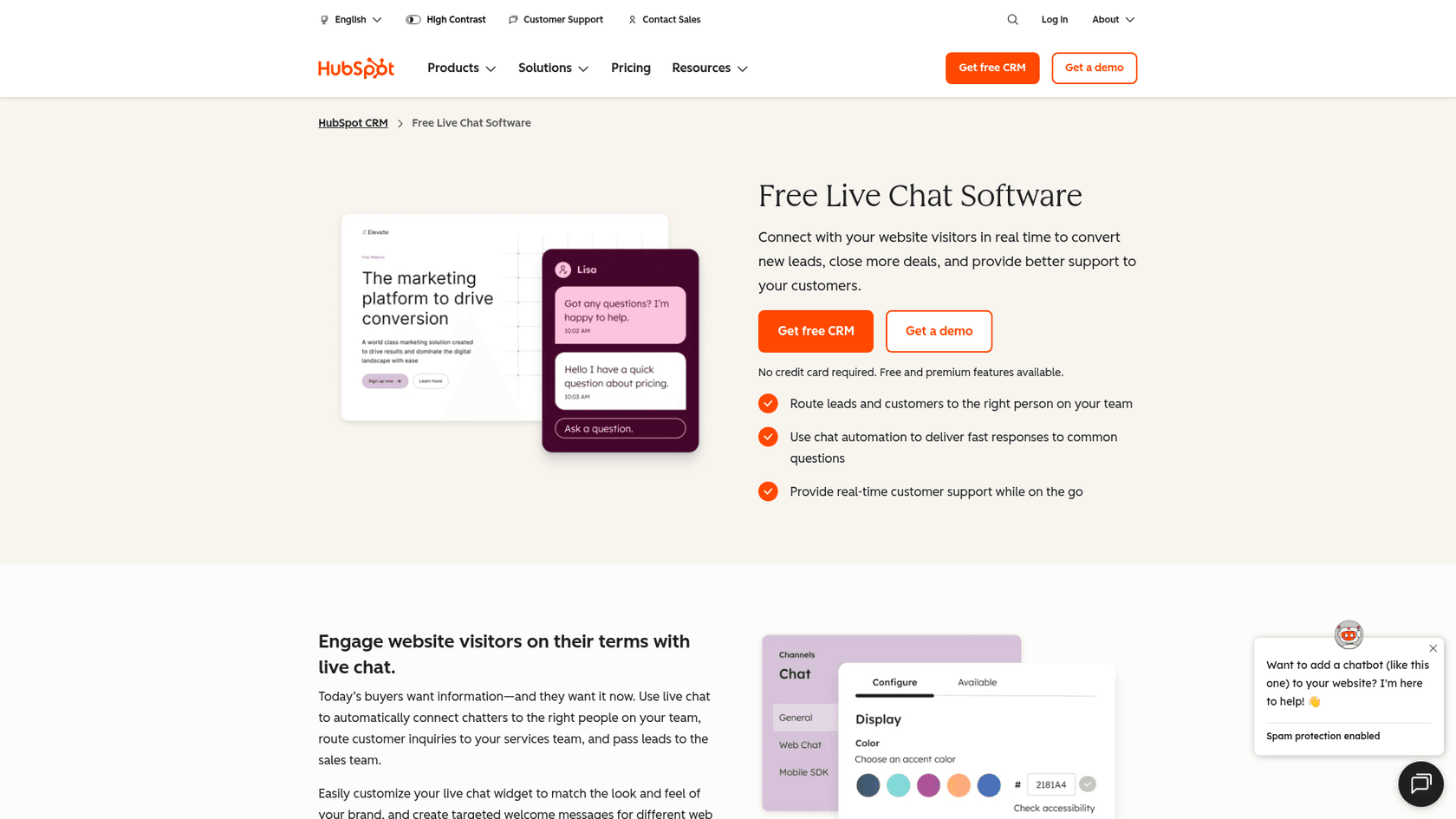 The HubSpot Free Live Chat Software page with chat routing, chat automation and a widget color settings panel, as taken from HubSpot