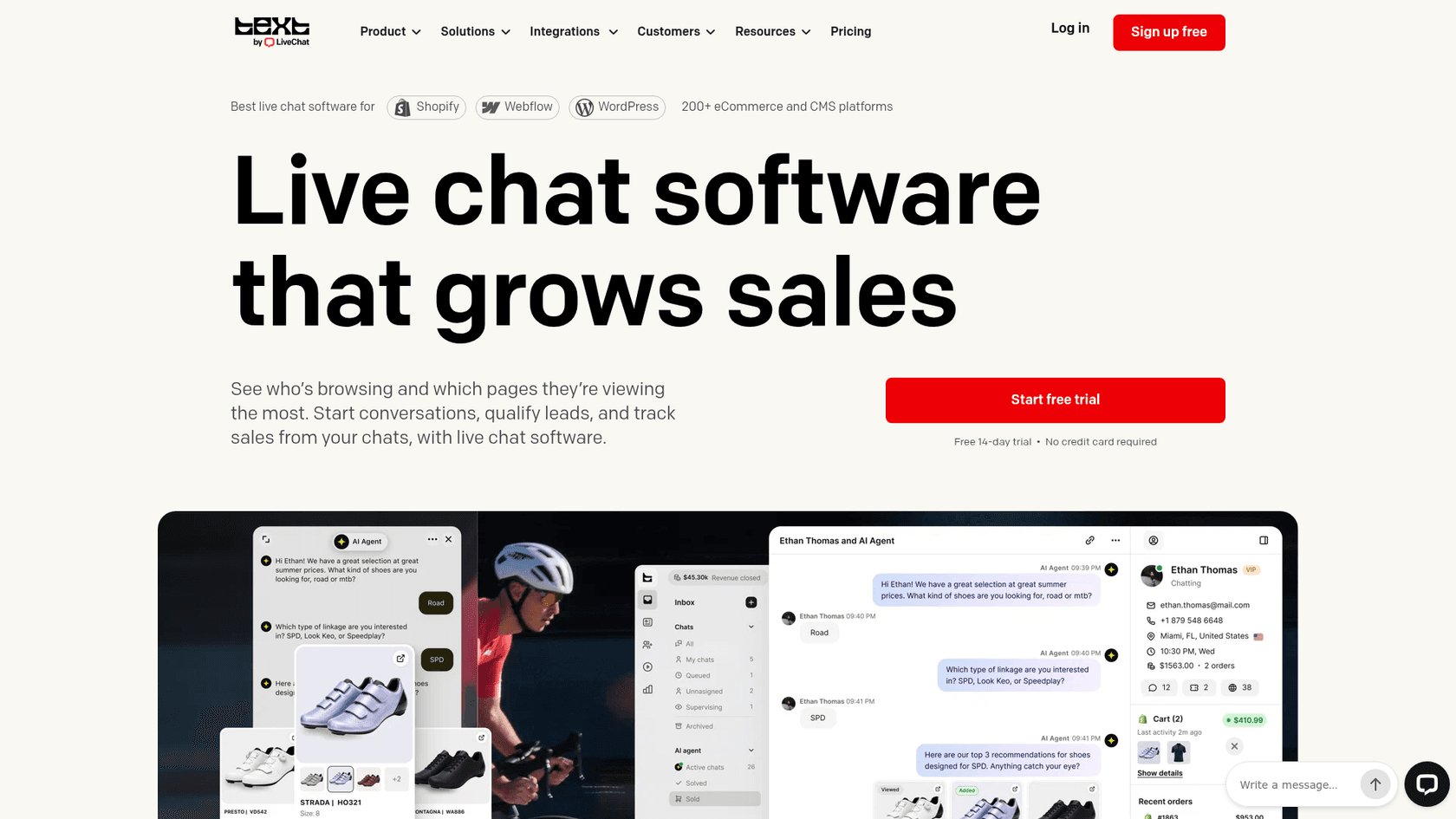 The LiveChat homepage, now branded Text by LiveChat, with the headline Live chat software that grows sales and an AI agent recommending products in the chat, as taken from LiveChat