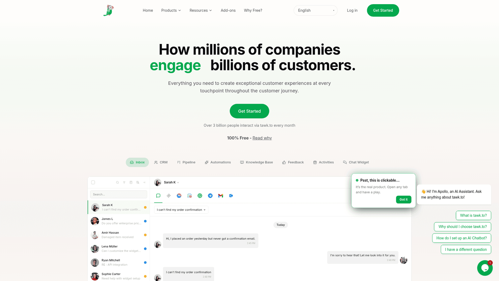 The tawk.to homepage with the headline How millions of companies engage billions of customers, 100% Free, and a live inbox showing chats across channels, as taken from tawk.to