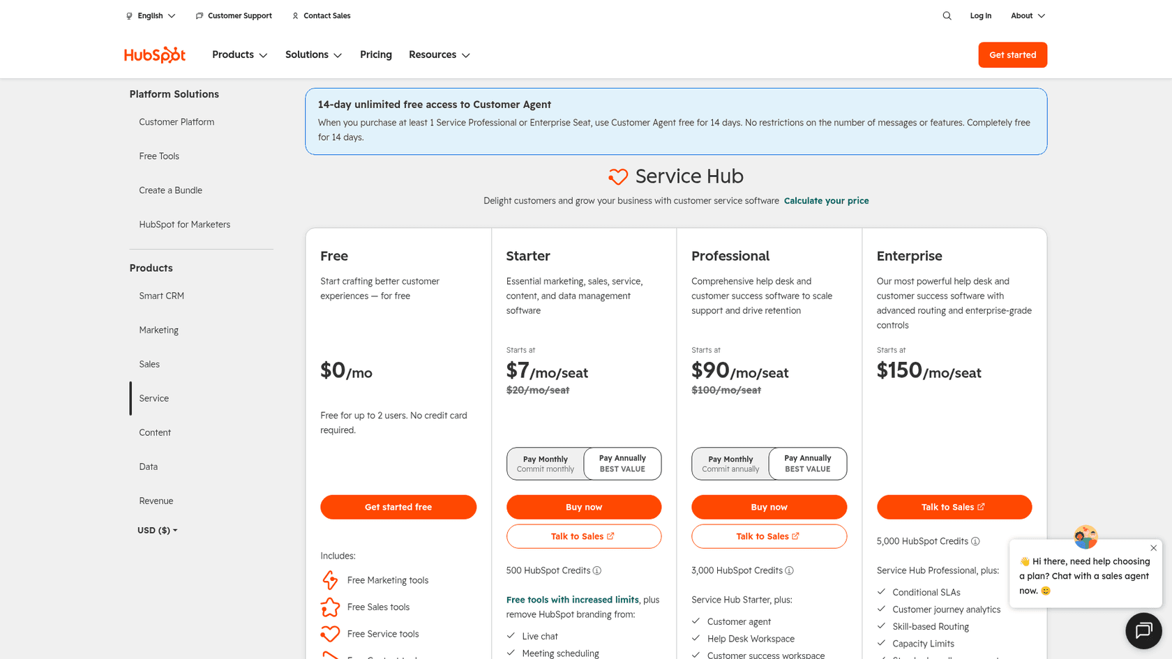 HubSpot Service Hub pricing page showing Free at $0, Starter at $7 per seat per month with $20 struck through, Professional at $90 per seat with $100 struck through, and Enterprise at $150 per seat, as taken from HubSpot