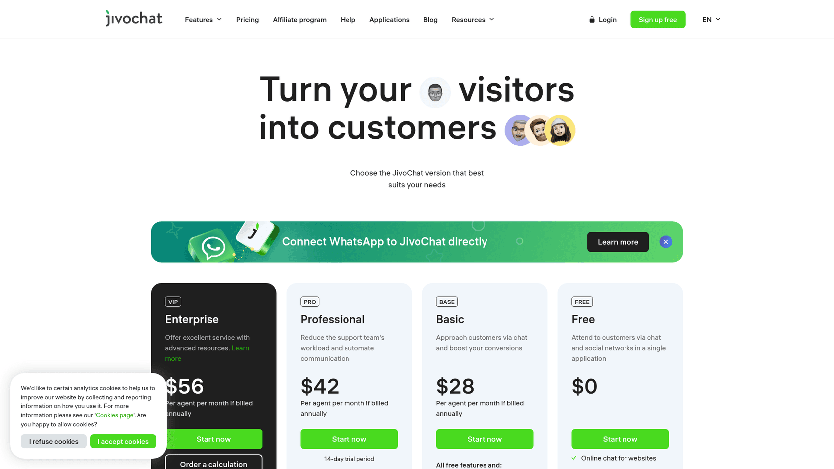 The JivoChat pricing page showing Enterprise at $56, Professional at $42, Basic at $28 per agent per month billed annually, and a Free plan at $0, as taken from JivoChat