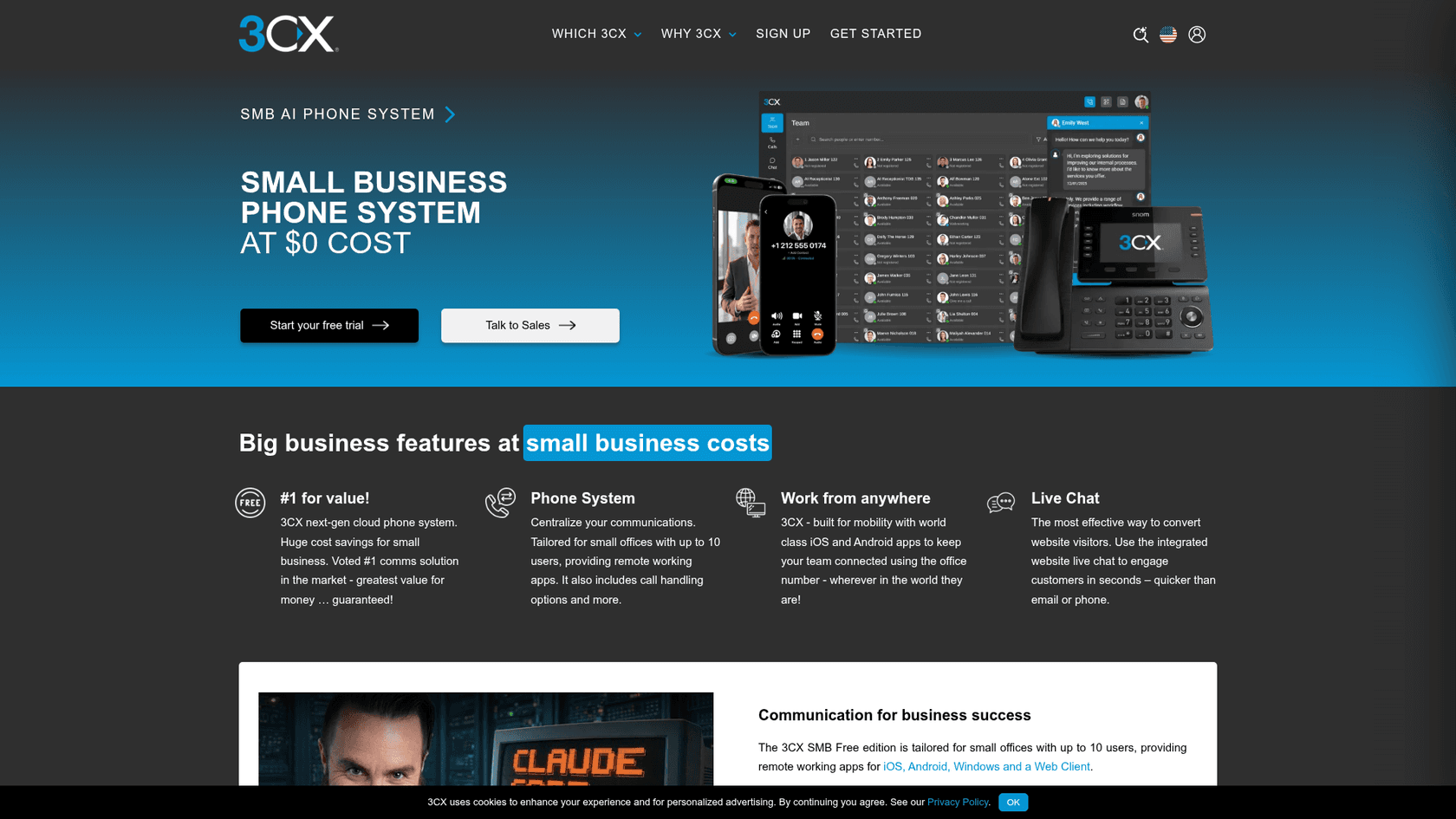 The 3CX small business page with the headline Small business phone system at $0 cost, and feature columns for value, a phone system for small offices with up to 10 users, work from anywhere, and live chat, as taken from 3CX