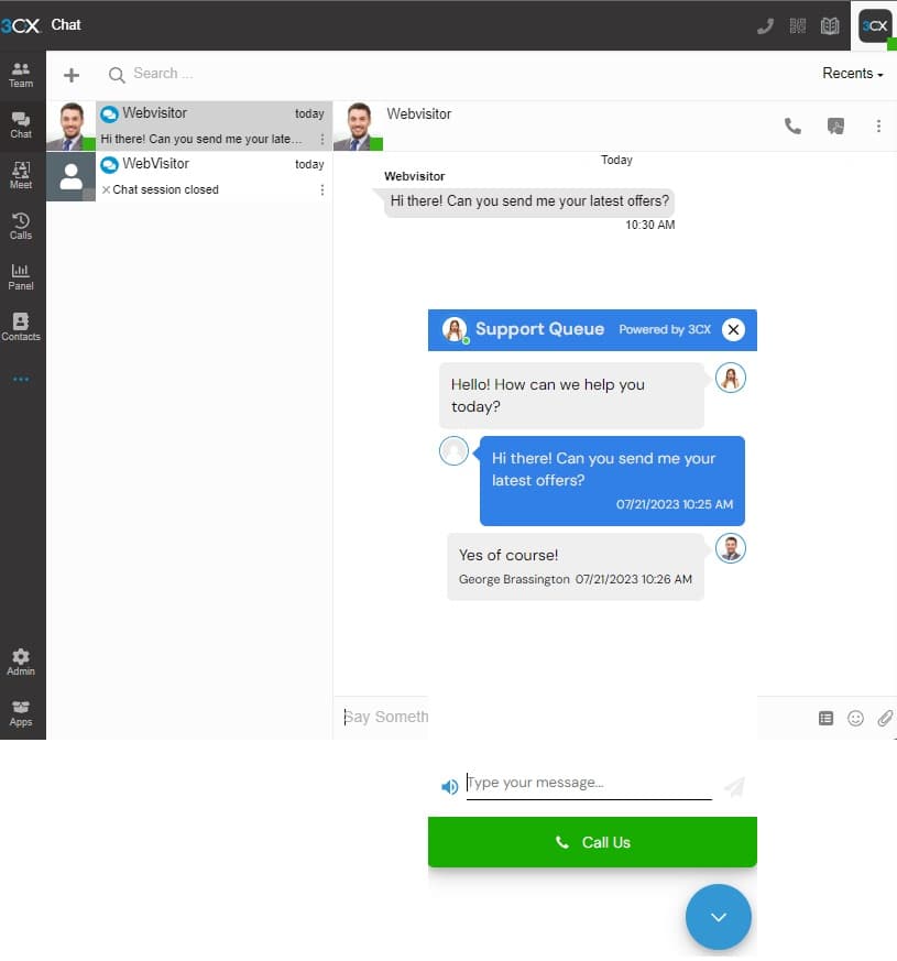 The 3CX Web Client chat view with a web visitor asking for the latest offers, and the visitor's Support Queue chat window on top with an agent reply and a green Call Us button, as taken from WordPress.org