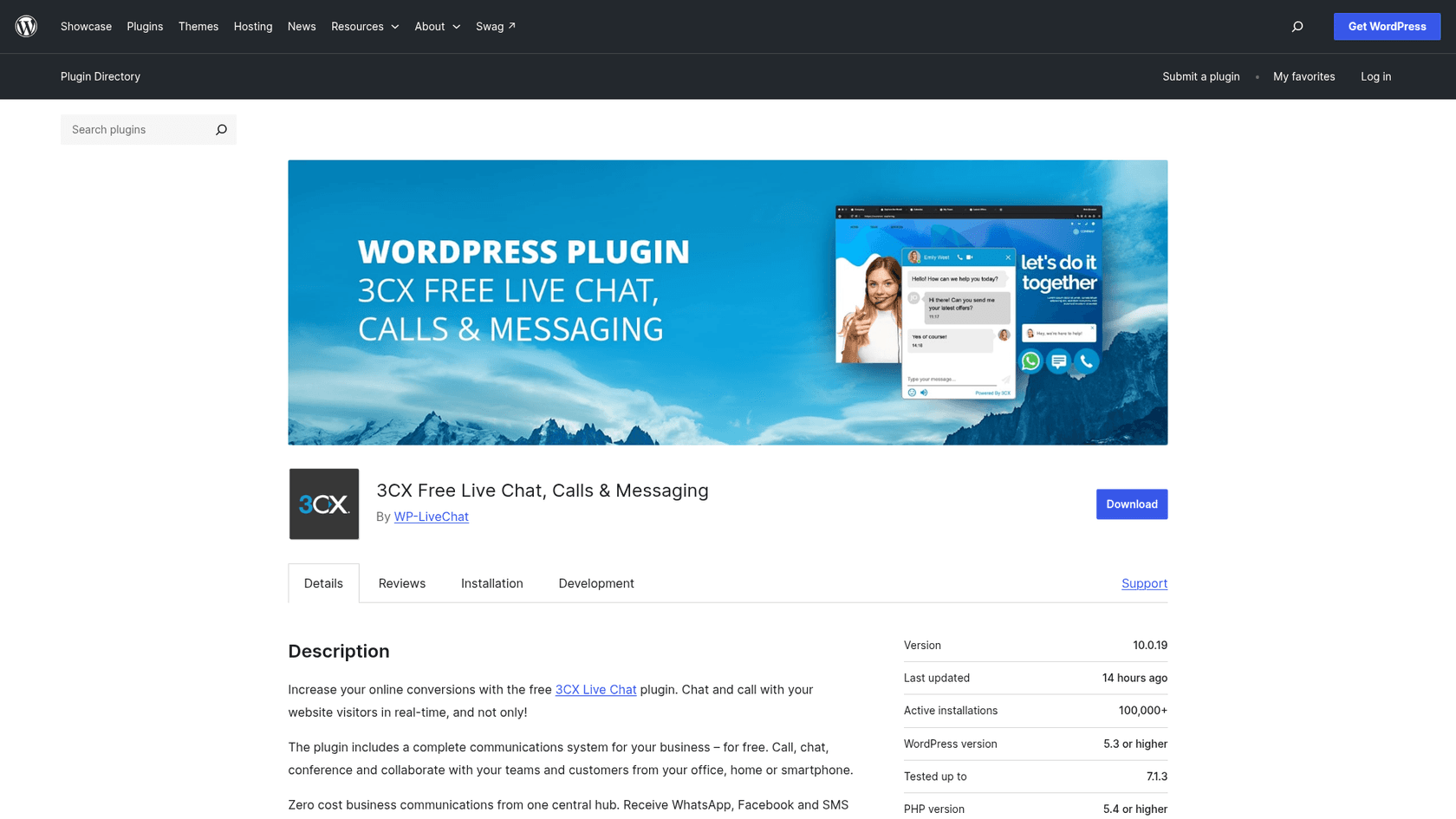 The 3CX Free Live Chat, Calls and Messaging page on WordPress.org showing version 10.0.19, 100,000+ active installations, WordPress 5.3 or higher and tested up to 7.1.3, as taken from WordPress.org