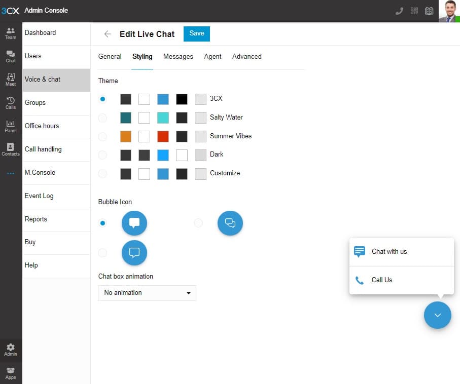 The 3CX Admin Console Edit Live Chat screen on the Styling tab, with four preset themes plus a custom option, three bubble icons, a chat box animation setting and a preview offering Chat with us and Call Us, as taken from WordPress.org