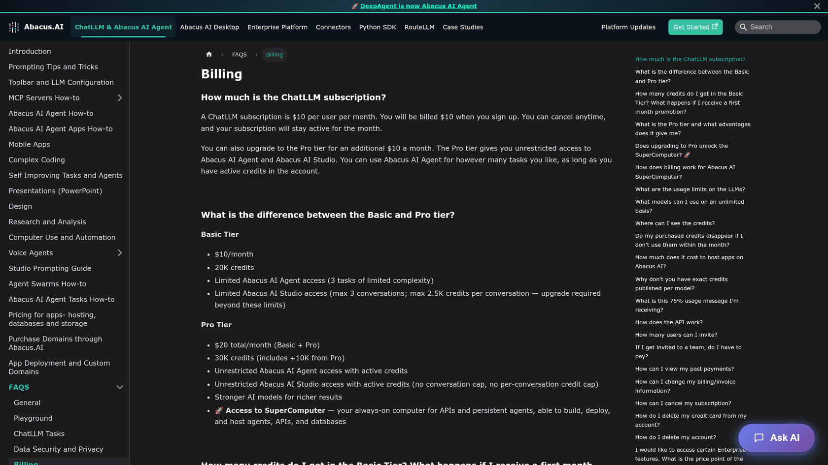 Abacus.ai billing FAQ explaining the 75% usage message and the Basic and Pro tiers, as taken from the Abacus help center