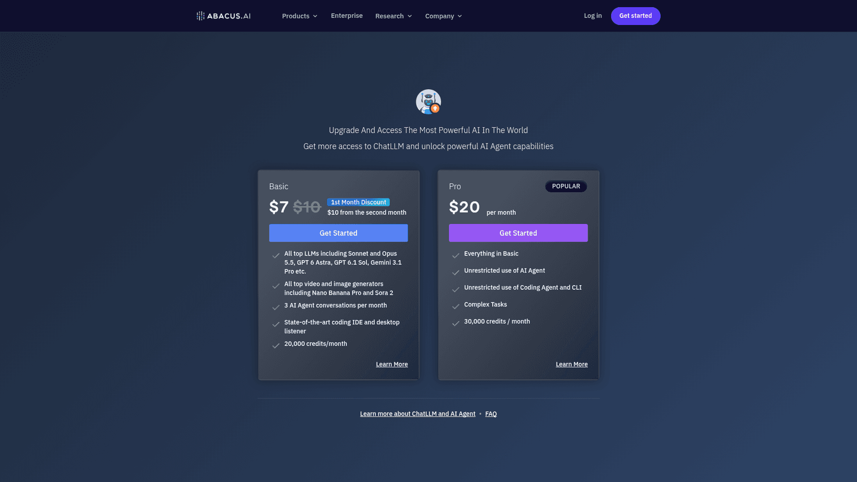 Abacus.ai pricing page showing Basic at $7 then $10 with 20,000 credits and Pro at $20 with 30,000 credits, as taken from Abacus.ai
