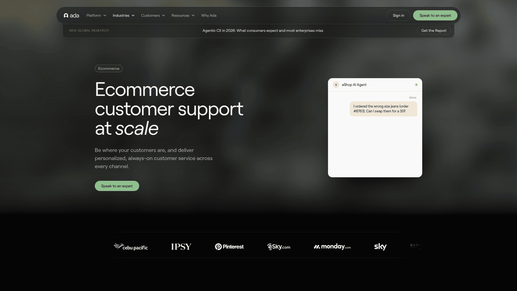 Ada ecommerce page showing an AI agent chat where a shopper asks to swap a jeans size on an order, as taken from Ada