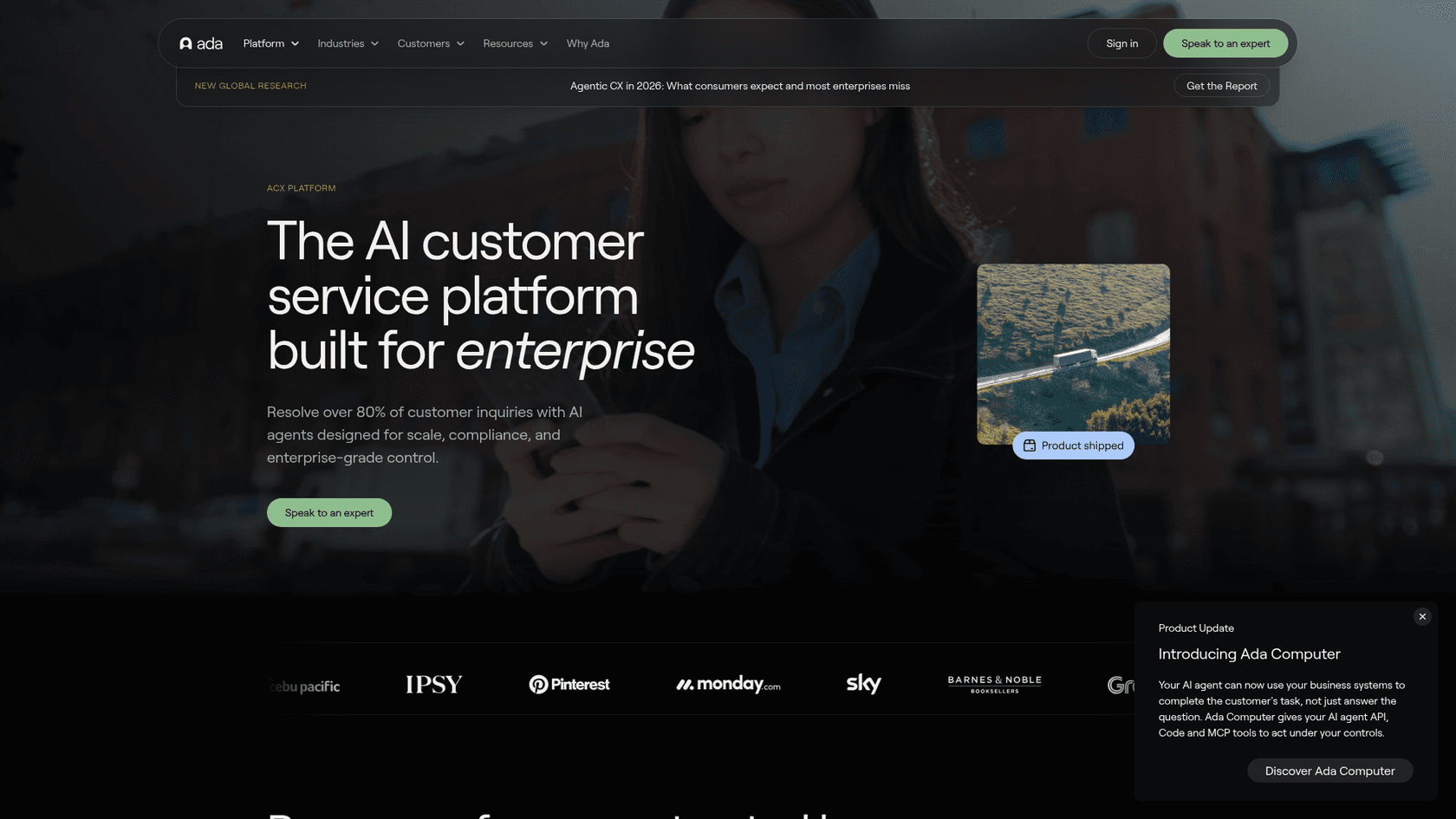 Ada's platform page positioning the product as an AI customer service platform built for enterprise, as taken from Ada