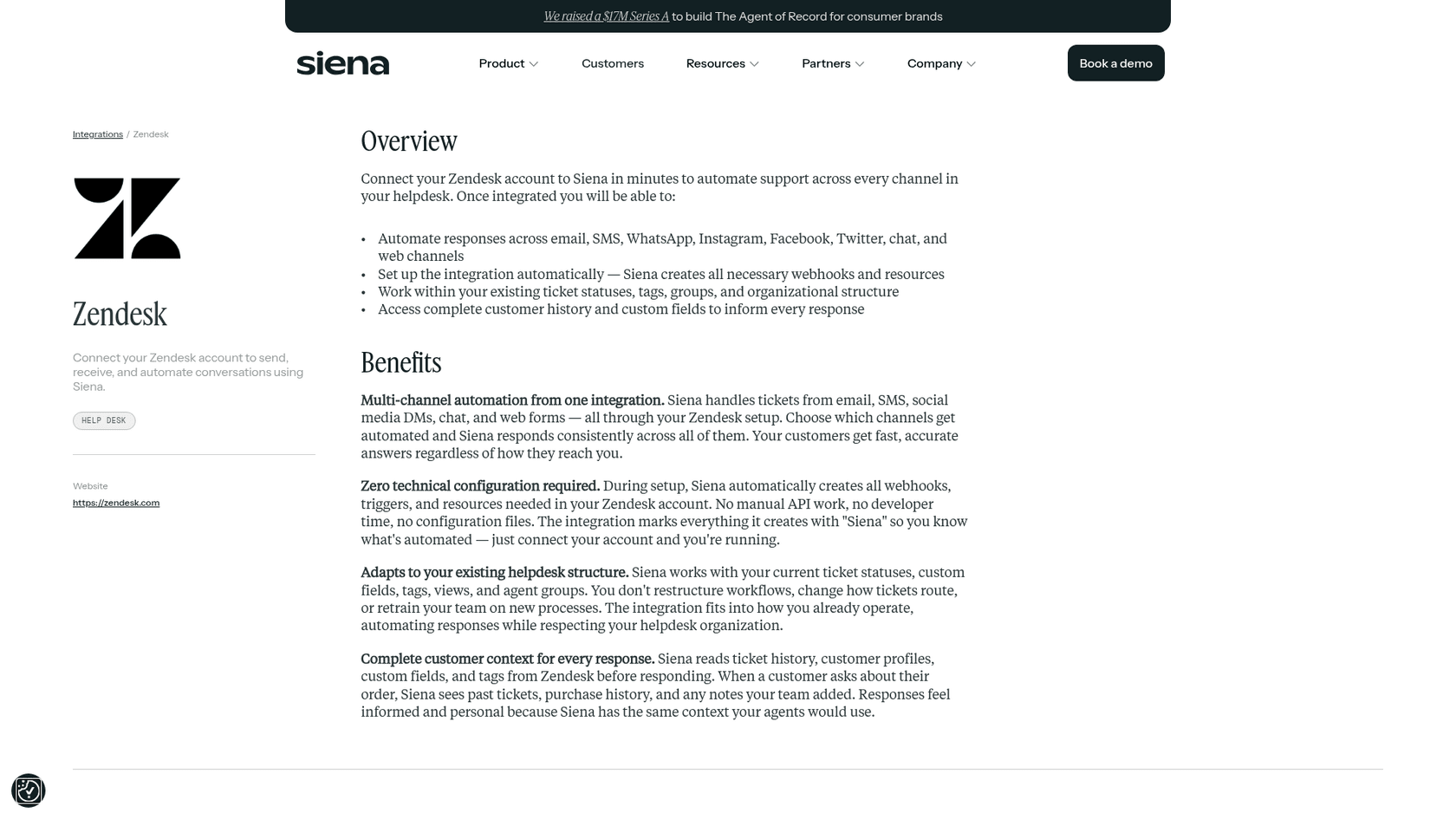 Siena's Zendesk integration page explaining that Siena automates responses across email, SMS, WhatsApp, Instagram, Facebook, Twitter, chat and web channels inside your existing Zendesk setup, as taken from Siena