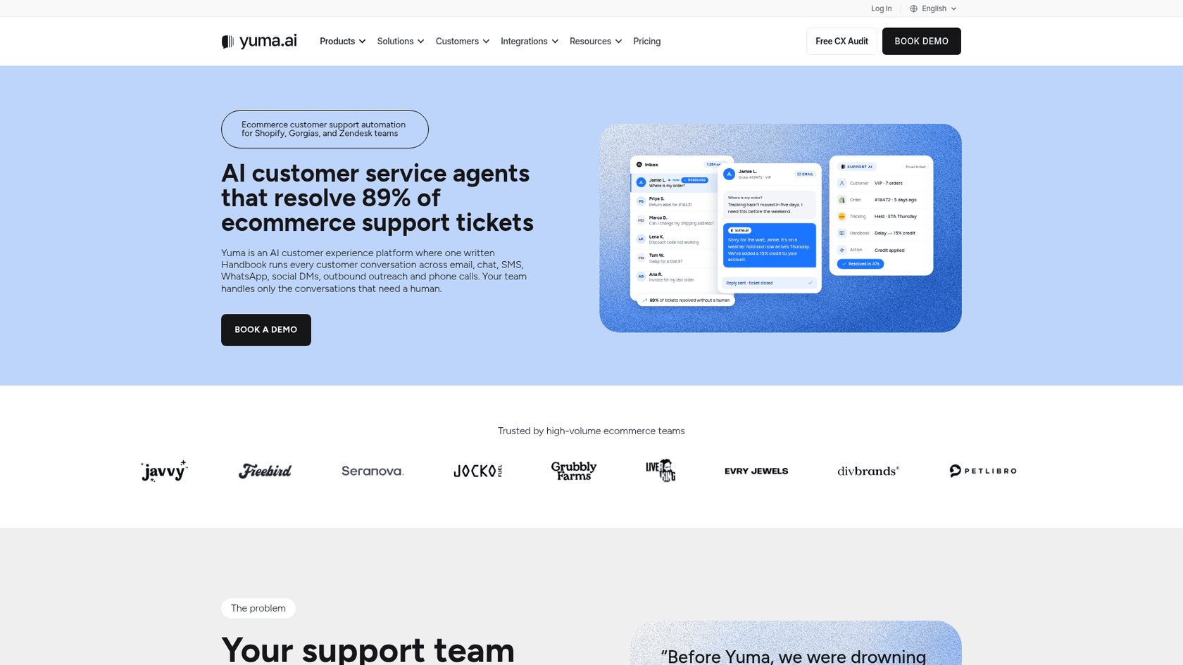 Yuma's support AI page headed "AI customer service agents that resolve 89% of ecommerce support tickets", built for Shopify, Gorgias and Zendesk teams, with an inbox and order panel mockup, as taken from Yuma